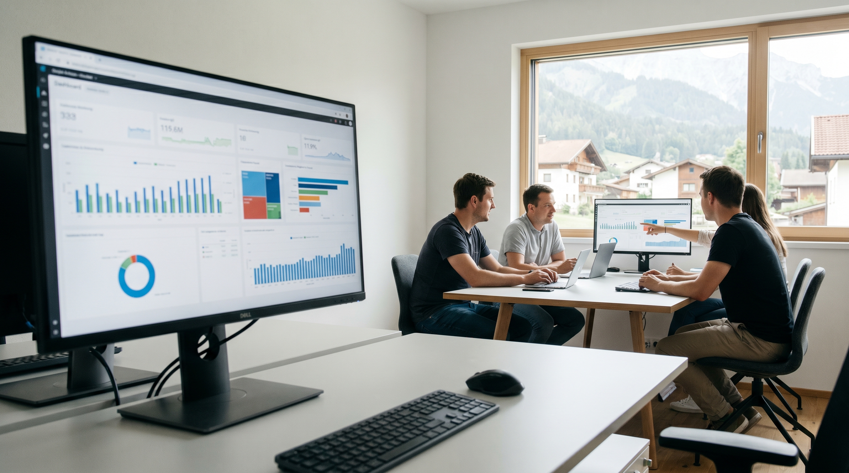 Ein aufgeräumter, heller Büroarbeitsplatz in einem kleinen österreichischen Betrieb. Auf dem Monitor sind übersichtliche Dashboards und Datenvisualisierungen zu sehen. Im Hintergrund arbeitet ein kleines Team kollegial zusammen. Die Atmosphäre ist ruhig, modern und zugänglich – keine Science-Fiction, sondern greifbare Digitalisierung im Alltag.