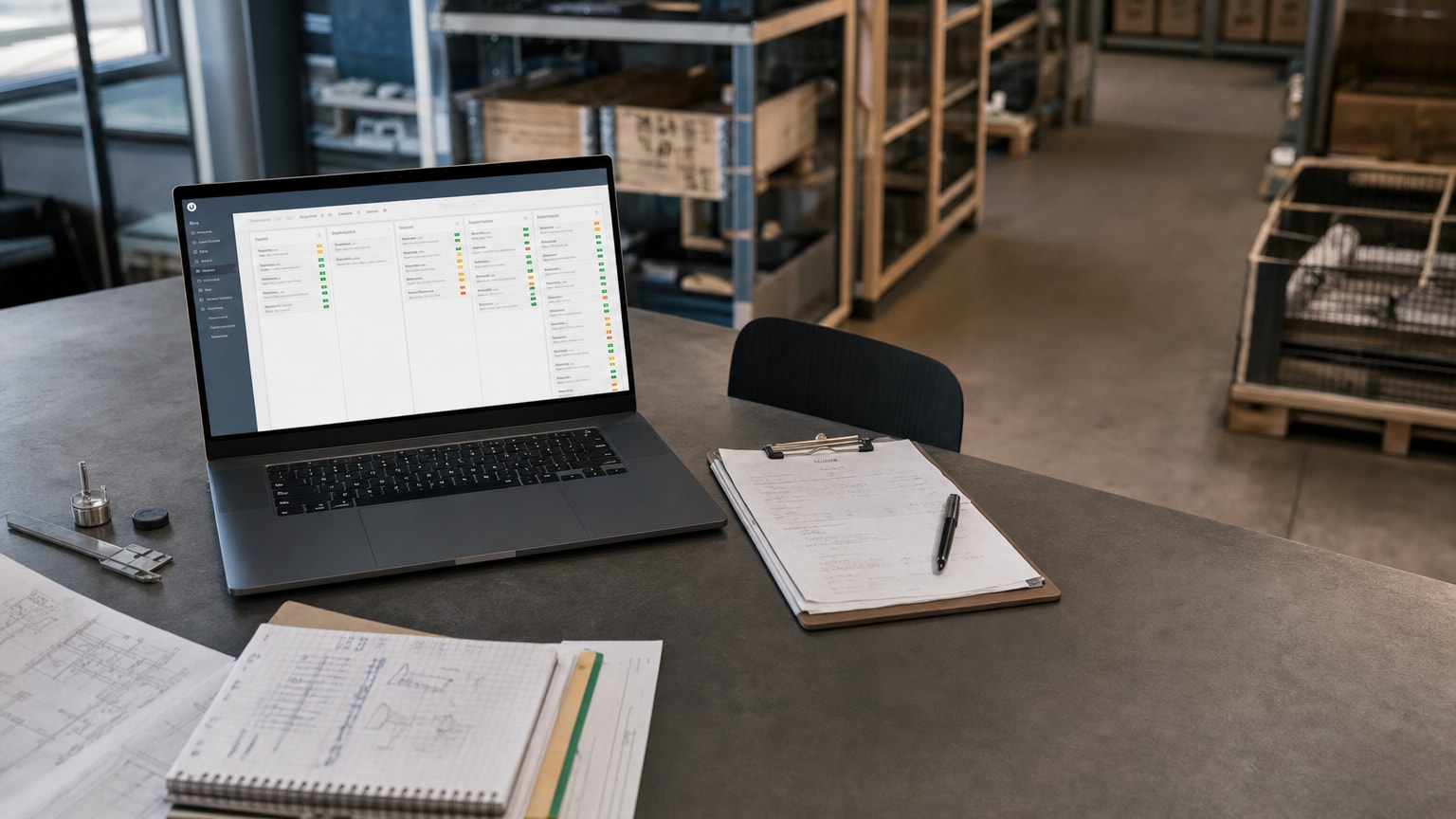 Ein aufgeräumter Schreibtisch in einem mittelständischen Betrieb mit einem modernen Laptop, auf dem ein CRM-Dashboard mit Angebotsstatus zu sehen ist. Warmes Licht, professionelle Atmosphäre, im Hintergrund eine Werkstatt oder ein Lager – typisch österreichisches KMU-Umfeld.