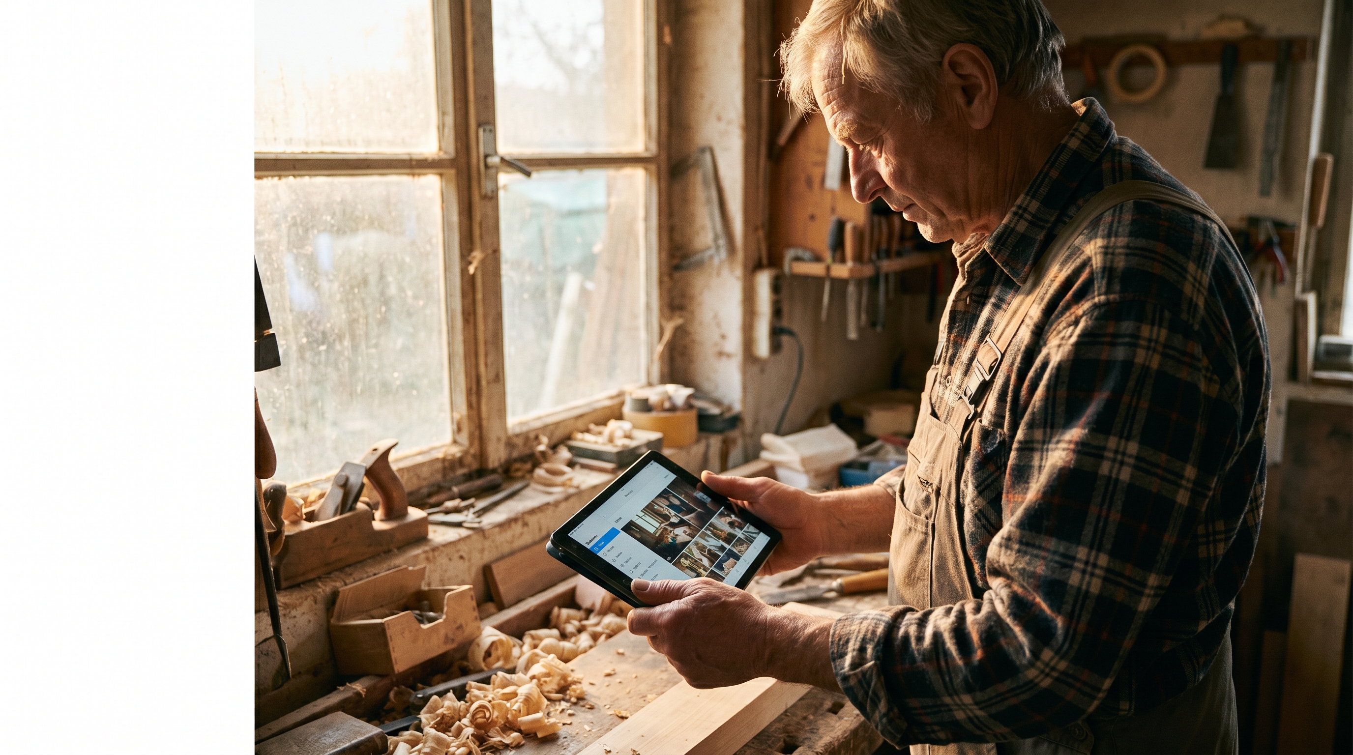 Ein Handwerker in seiner Werkstatt, der auf einem Tablet Content für Social Media erstellt – warme Beleuchtung, authentische Arbeitsumgebung, modernes Gerät trifft auf traditionelles Handwerk.