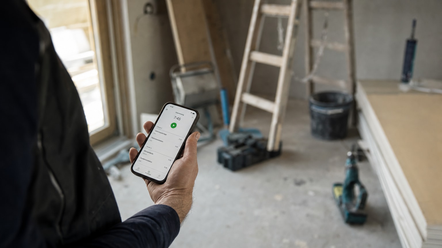 Ein Handwerker auf einer Baustelle hält ein Smartphone in der Hand, auf dessen Display eine Zeiterfassungs-App mit Projektzuordnung zu sehen ist. Im Hintergrund Werkzeug und Baumaterial, helle, moderne Atmosphäre.