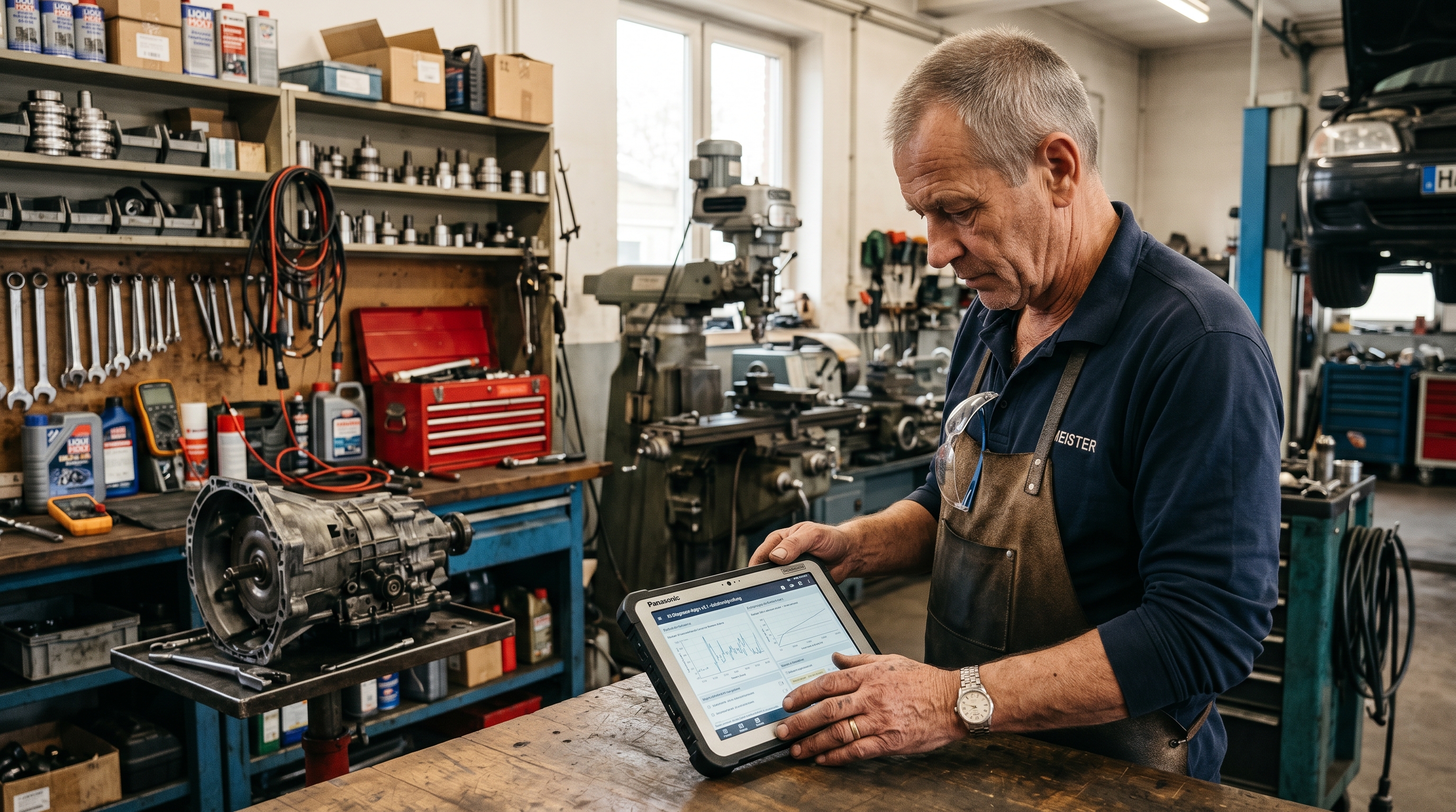 Ein erfahrener Handwerksmeister in einer modernen Werkstatt, der auf einem Tablet eine KI-gestützte Diagnose-Anwendung nutzt, während im Hintergrund Werkzeuge und Maschinen zu sehen sind. Warmes, professionelles Licht, realistische Darstellung ohne futuristische Übertreibung.