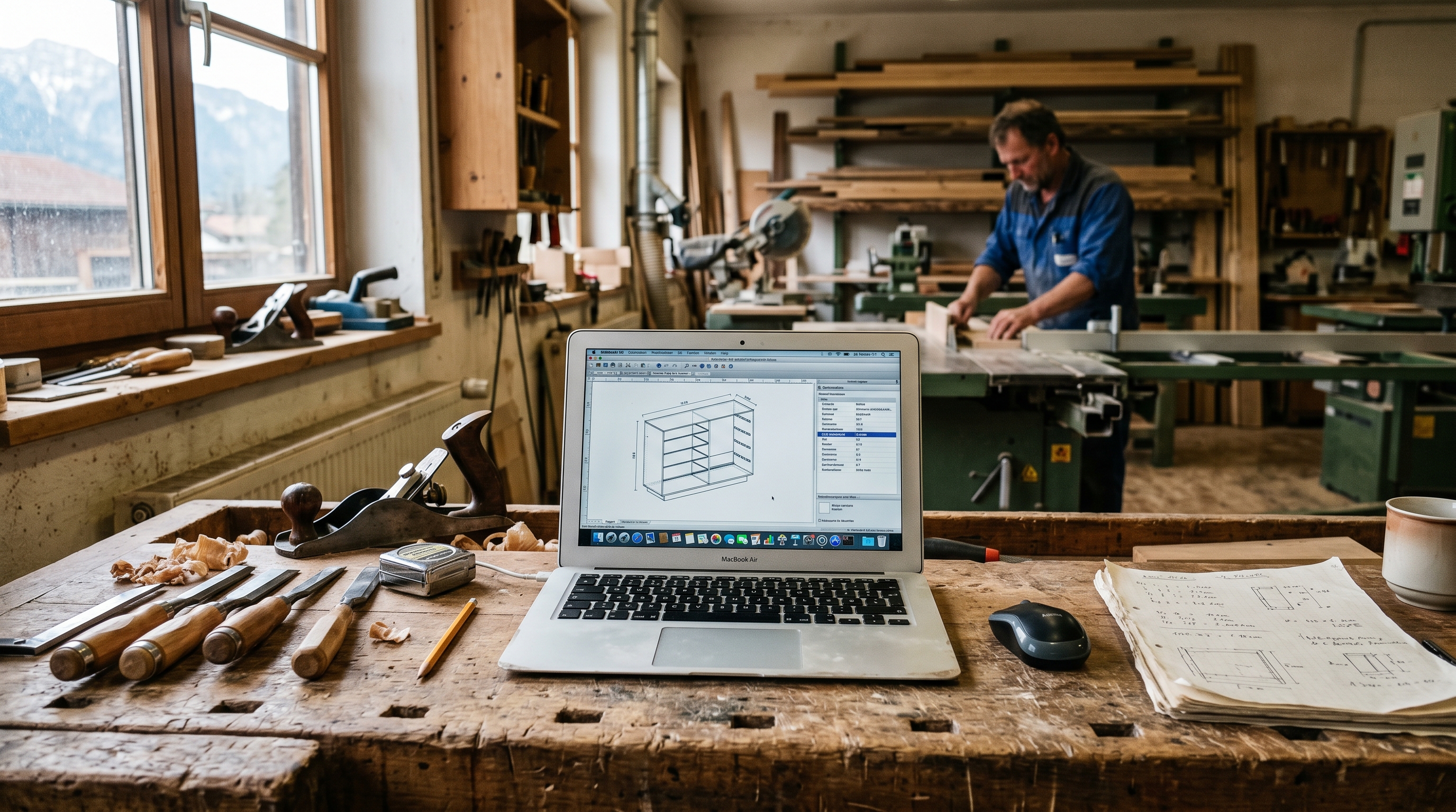 Ein aufgeräumter Schreibtisch in einer Handwerkswerkstatt, auf dem ein Laptop neben Werkzeugen steht — symbolisch für die Verbindung von traditionellem Handwerk und digitaler Technologie. Warme, natürliche Lichtstimmung.
