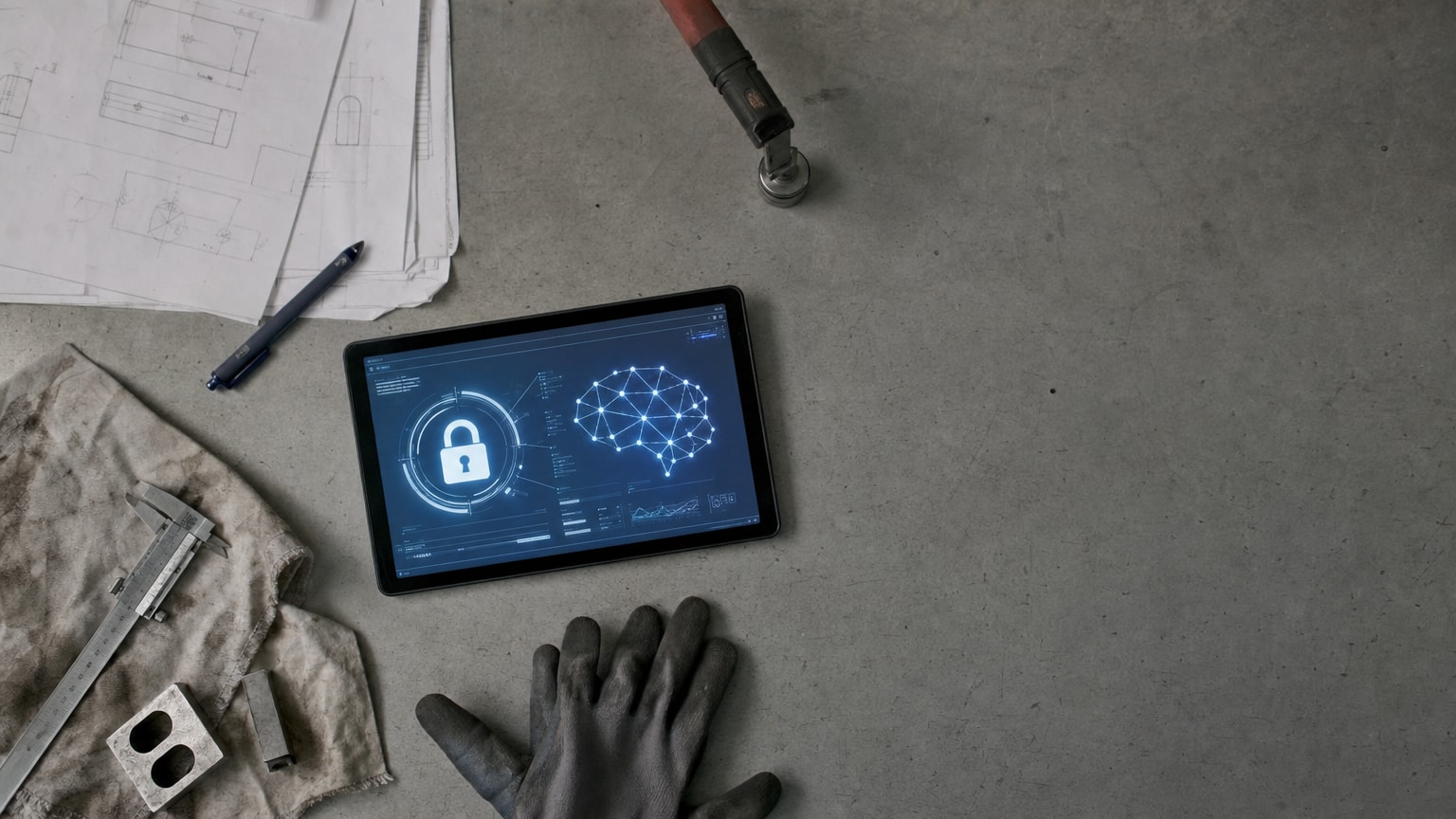 Ein Handwerker in einer modernen Werkstatt blickt auf ein Tablet mit einem Datenschutz-Symbol und KI-Interface, helle, vertrauensvolle Atmosphäre, österreichisches Ambiente.