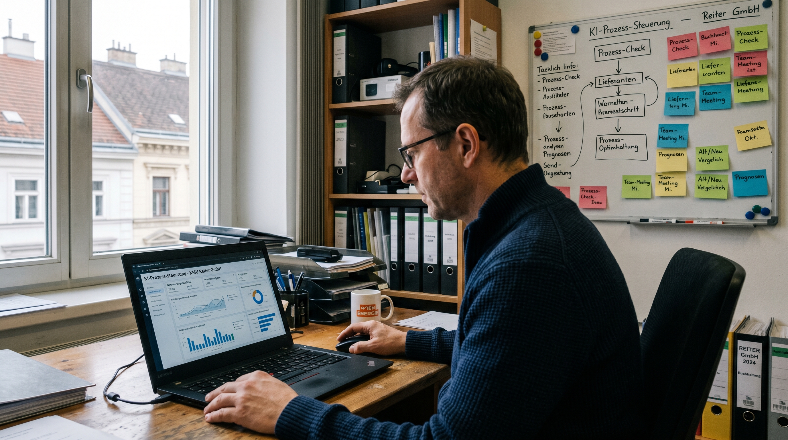 Österreichisches KMU-Büro: Ein Unternehmer schaut auf ein modernes KI-Dashboard am Laptop, im Hintergrund ein klassisches Whiteboard mit Post-its – Kontrast zwischen alten Arbeitsweisen und neuer KI-gestützter Prozesssteuerung.