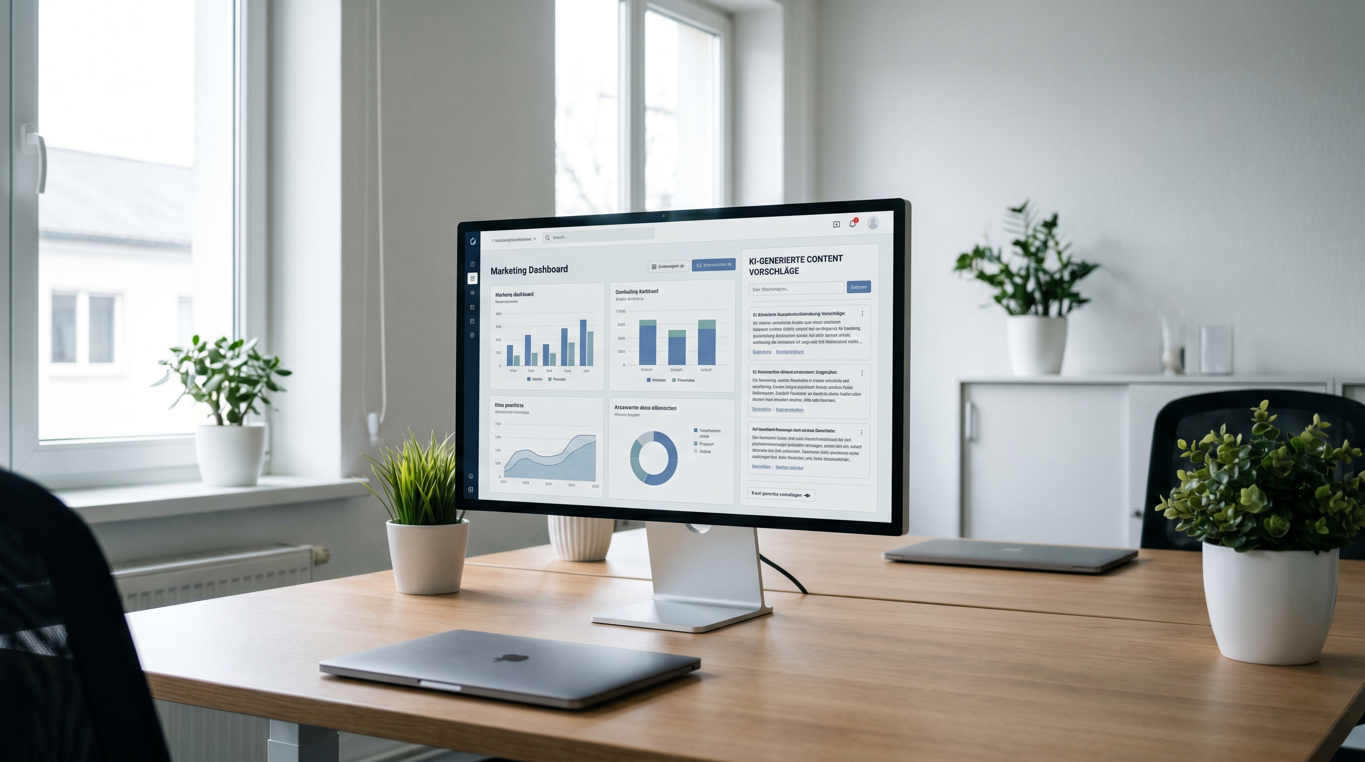 Ein aufgeräumter, moderner Arbeitsplatz in einem kleinen Unternehmen: Ein einzelner Bildschirm zeigt ein Marketing-Dashboard mit Diagrammen und KI-generierten Content-Vorschlägen. Helles, natürliches Licht, minimalistisches Büro, keine Personen – der Fokus liegt auf der Technologie als Werkzeug. Farbpalette: Weiß, Hellgrau, dezente Akzente in Blau und Grün.