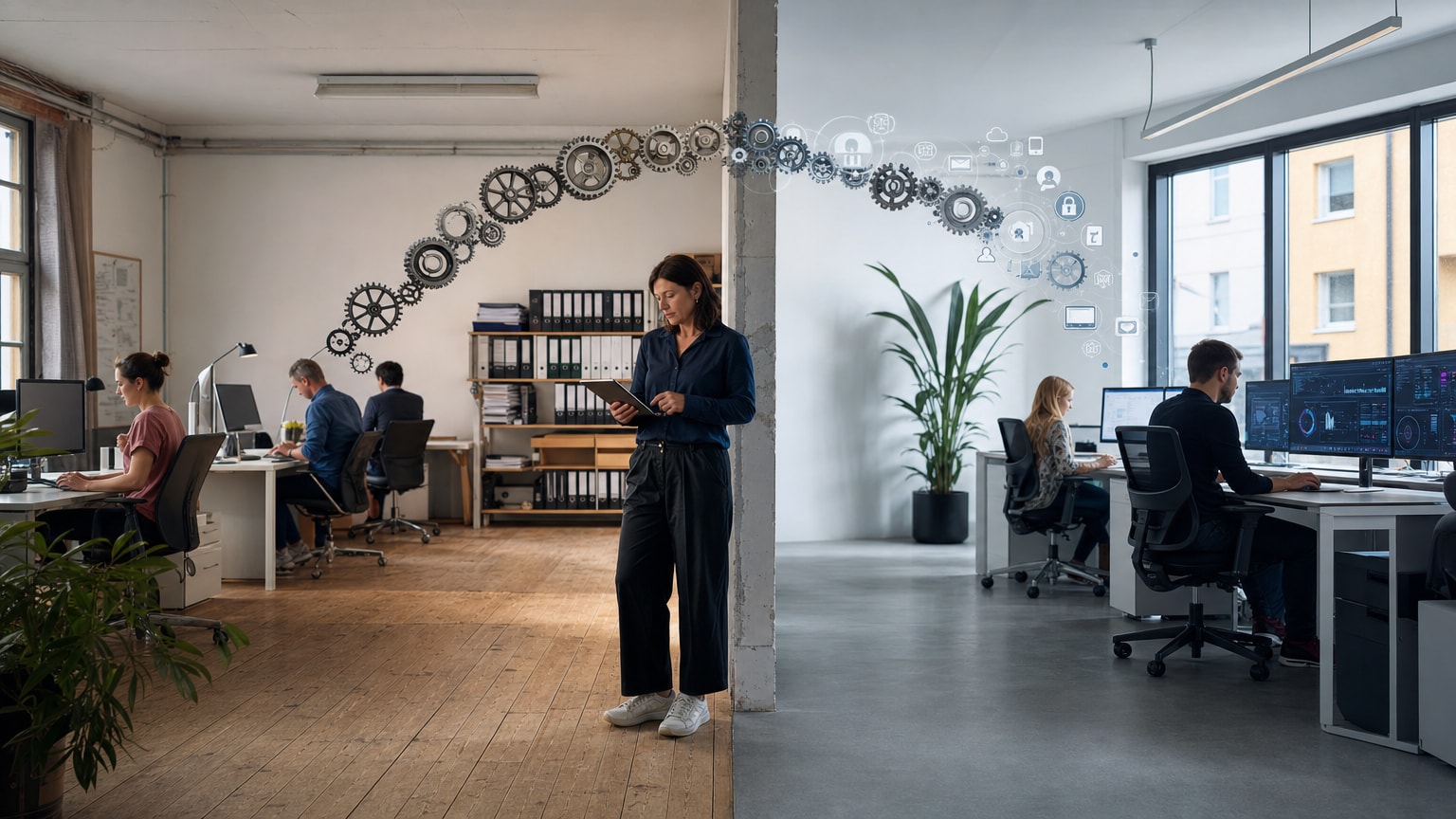 Zwei Wege an einer Weggabelung: links ein kleines Büro mit einem internen Team an Schreibtischen, rechts ein modernes Agentur-Büro mit digitalem Dashboard – verbunden durch eine Brücke aus Zahnrädern und digitalen Symbolen, in hellen, professionellen Farben.