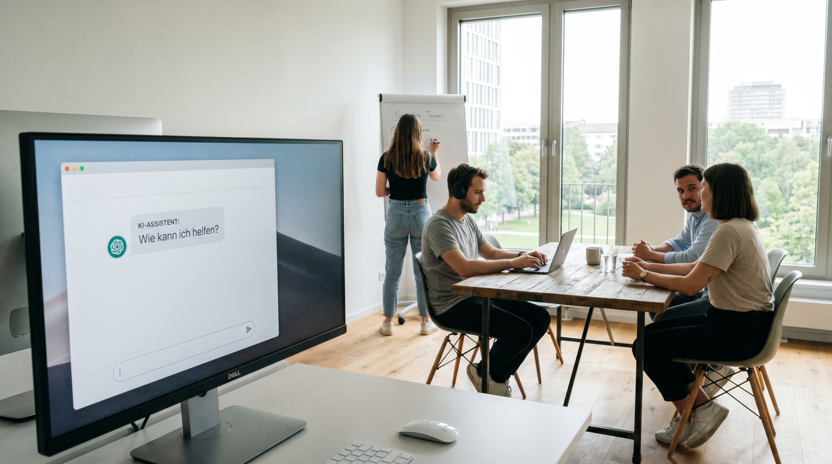 Modernes, helles Büro mit einem Bildschirm, auf dem ein KI-Chatfenster geöffnet ist. Im Hintergrund arbeitet ein Service-Team entspannt an strategischen Aufgaben. Die Szene vermittelt Ruhe statt Hektik — das Gegenteil einer klassischen Callcenter-Atmosphäre.
