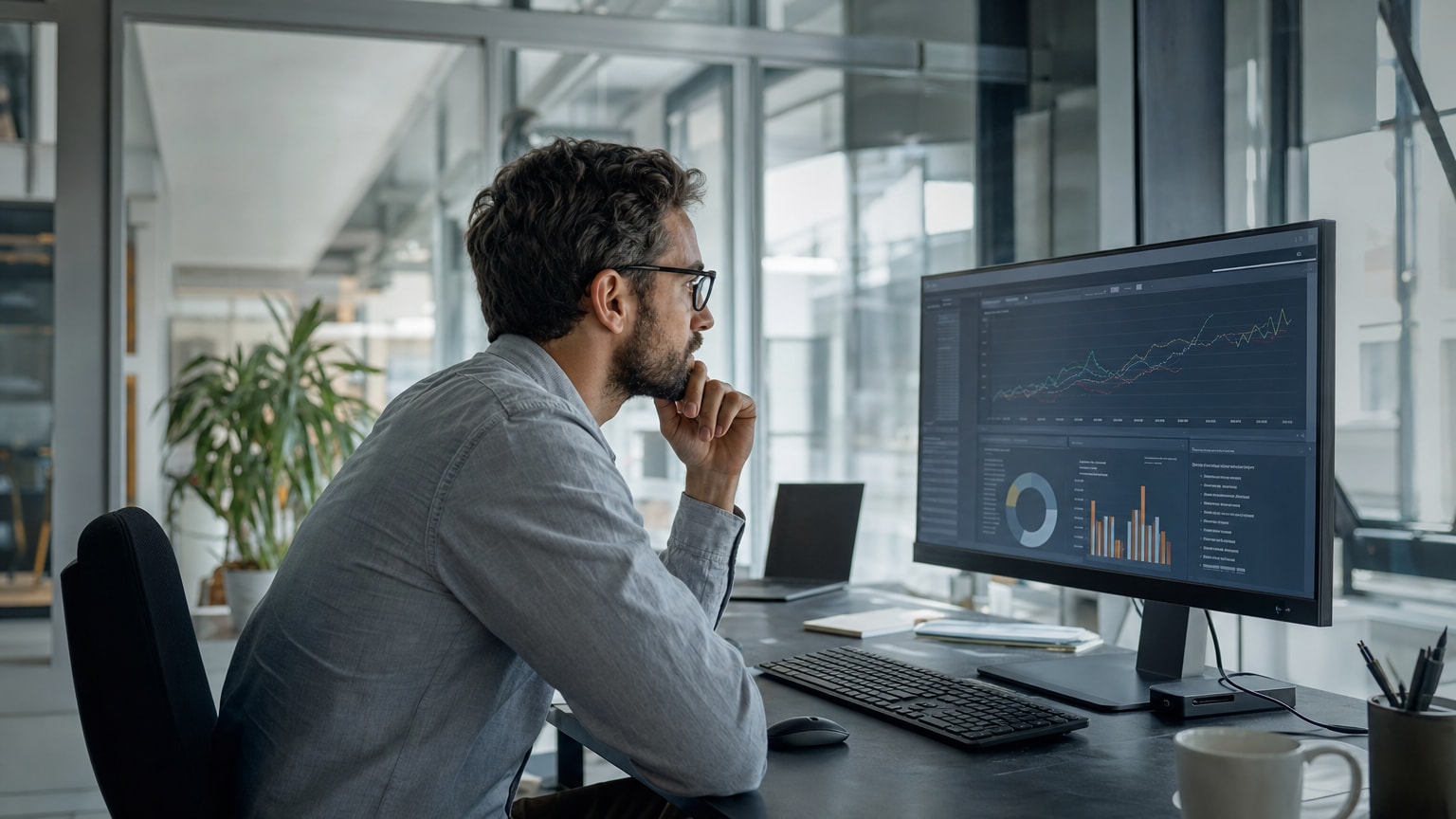 Abstraktes Daten-Dashboard mit Prognosekurven und Diagrammen auf einem modernen Bildschirm in einer hellen Büroumgebung, die an ein typisches österreichisches KMU erinnert — professionell, technisch, aber zugänglich.