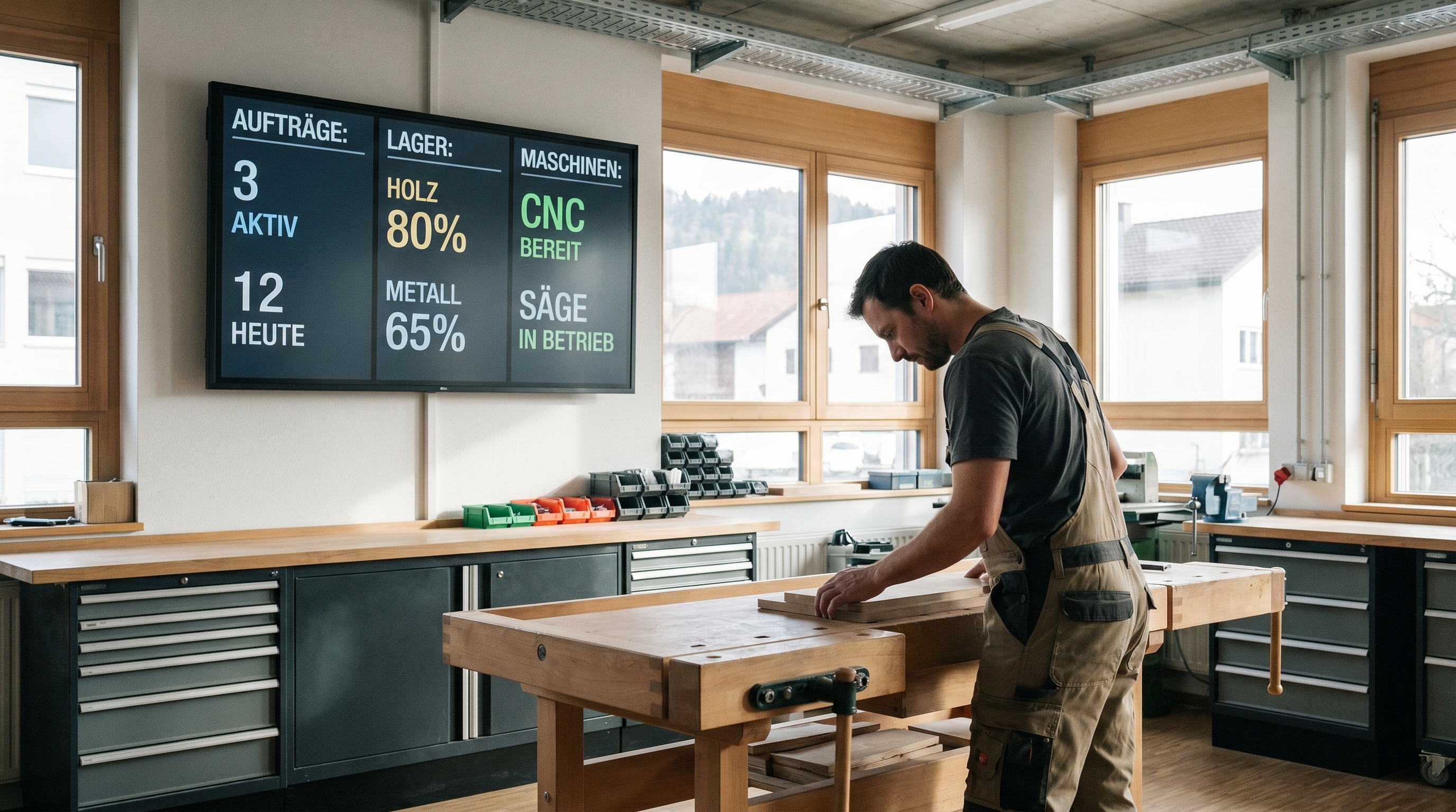 Aufgeräumte, moderne Werkstatt mit digitalem Dashboard an der Wand, auf dem Echtzeit-Daten zu Aufträgen, Lagerbeständen und Maschinenstatus angezeigt werden. Im Vordergrund arbeitet ein Handwerker konzentriert an einem Werkstück.