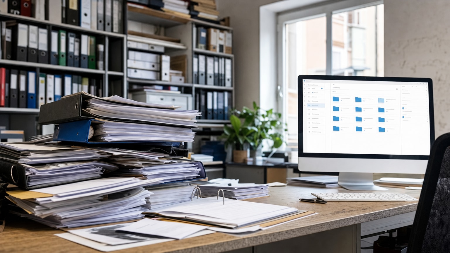 Ein Schreibtisch in einem kleinen Büro, überquellend mit Papierordnern und losen Dokumenten, daneben ein moderner Bildschirm mit einem aufgeräumten digitalen Dokumentenmanagementsystem — Kontrast zwischen analoger Zettelwirtschaft und digitaler Ordnung.