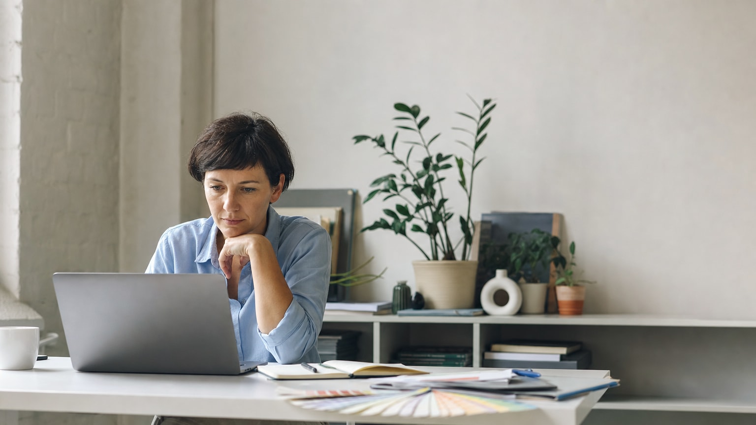 Eine einzelne Person an einem aufgeräumten Schreibtisch mit Laptop, umgeben von abstrakten, farbigen Symbolen für verschiedene Marketing-Funktionen (Social Media, E-Mail, Analytics, Content) — moderne, helle Illustration im Business-Kontext.