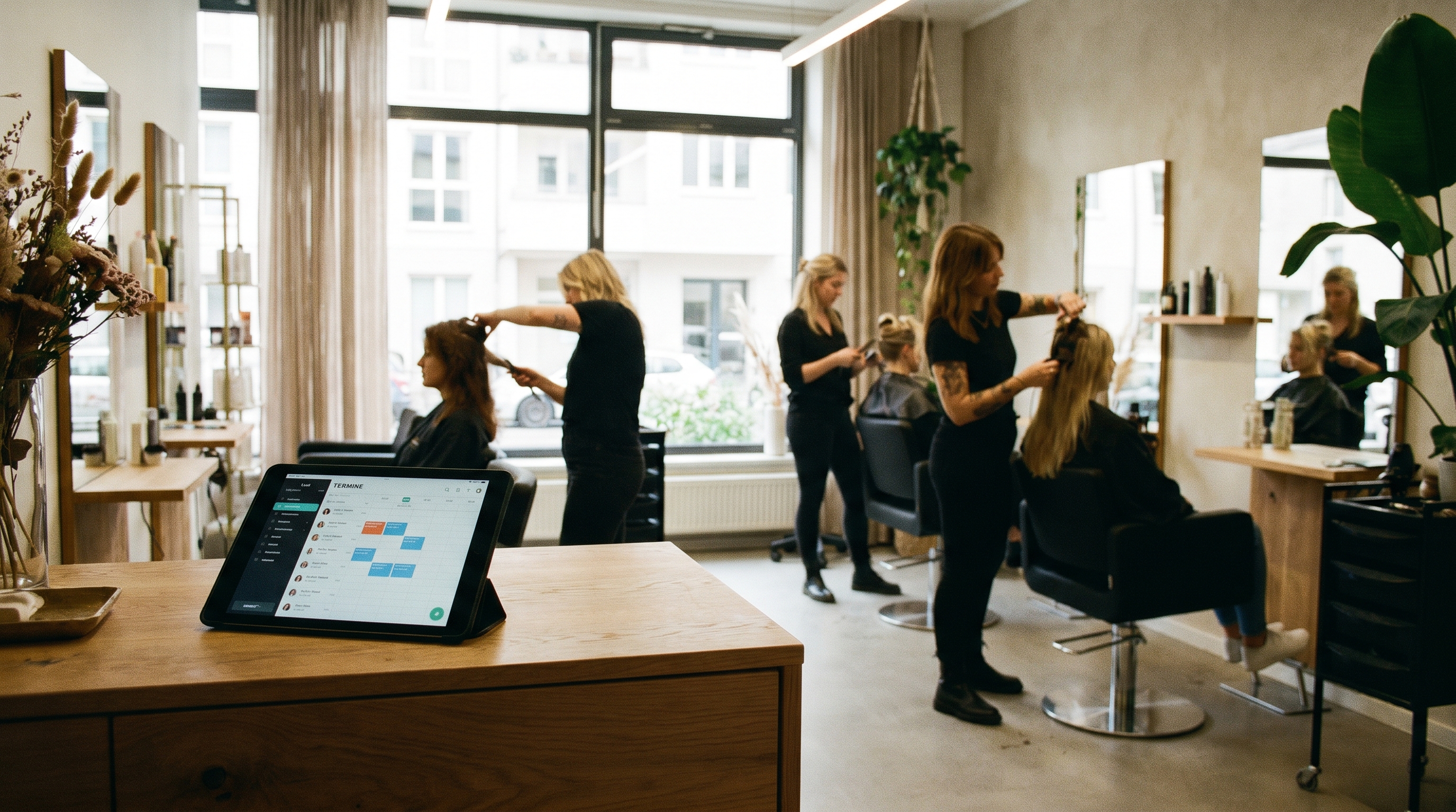 Ein moderner, heller Friseursalon mit einem Tablet an der Rezeption, auf dem ein digitaler Terminkalender zu sehen ist. Im Hintergrund arbeiten Stylisten an Kunden. Warme, professionelle Atmosphäre.