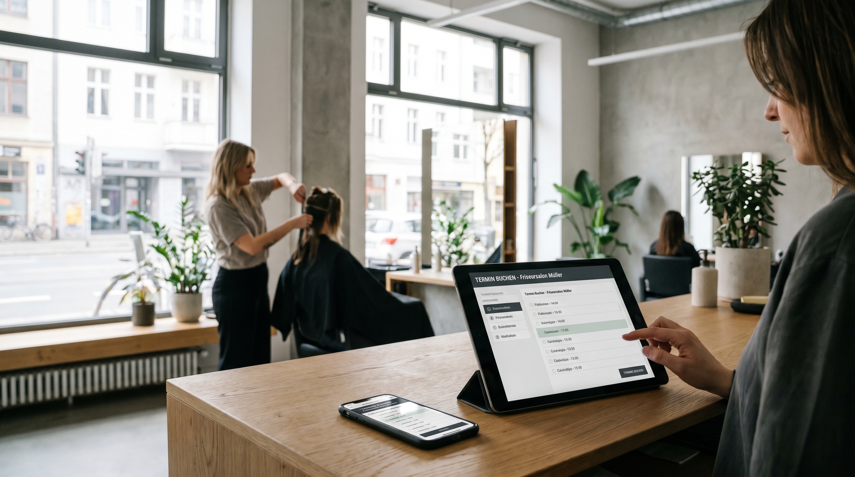 Ein moderner, heller Friseursalon mit Tablet an der Rezeption und einem Smartphone, das eine Online-Terminbuchung zeigt – professionell, aufgeräumt, einladend.