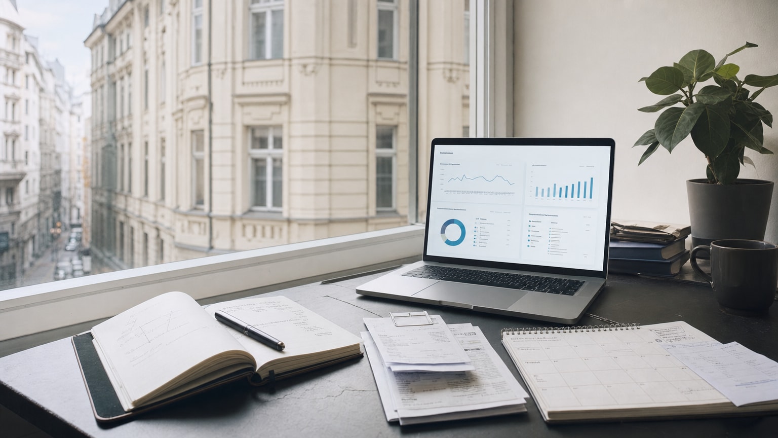 Ein aufgeräumter Schreibtisch mit einem geöffneten Laptop, auf dem ein übersichtliches Dashboard mit Diagrammen und Kennzahlen leuchtet. Daneben liegen analoge Elemente wie ein Notizbuch, Rechnungen und ein Kalender — symbolisch für den Übergang von ungenutzten zu strukturierten Daten.