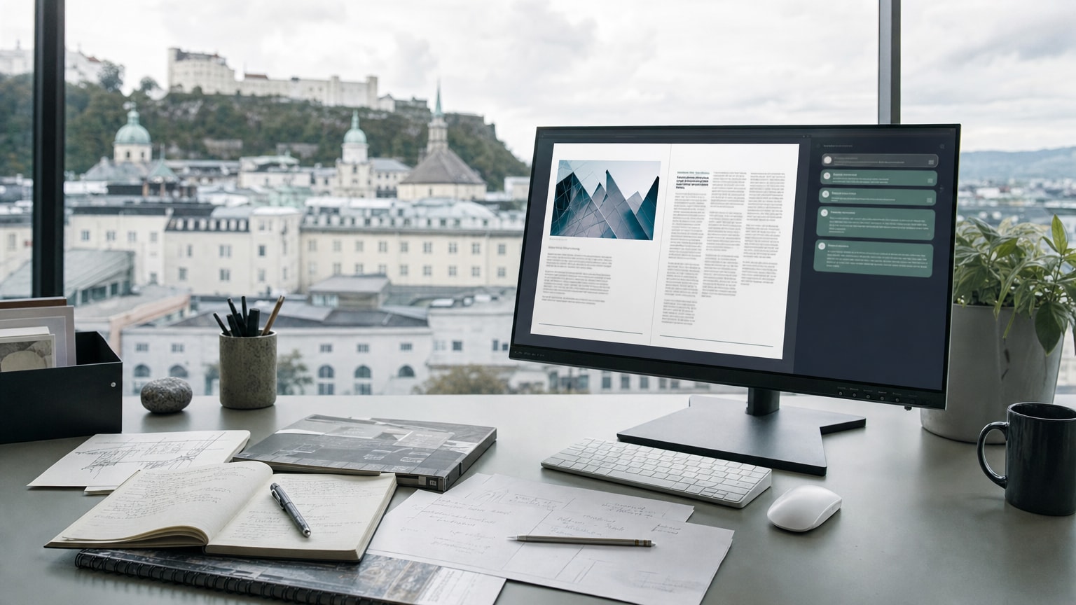 Ein aufgeräumter Schreibtisch mit einem Bildschirm, auf dem ein professionelles Whitepaper-Layout zu sehen ist, daneben KI-generierte Textvorschläge — modernes, helles Büro-Setting mit österreichischem Stadtpanorama im Hintergrund.