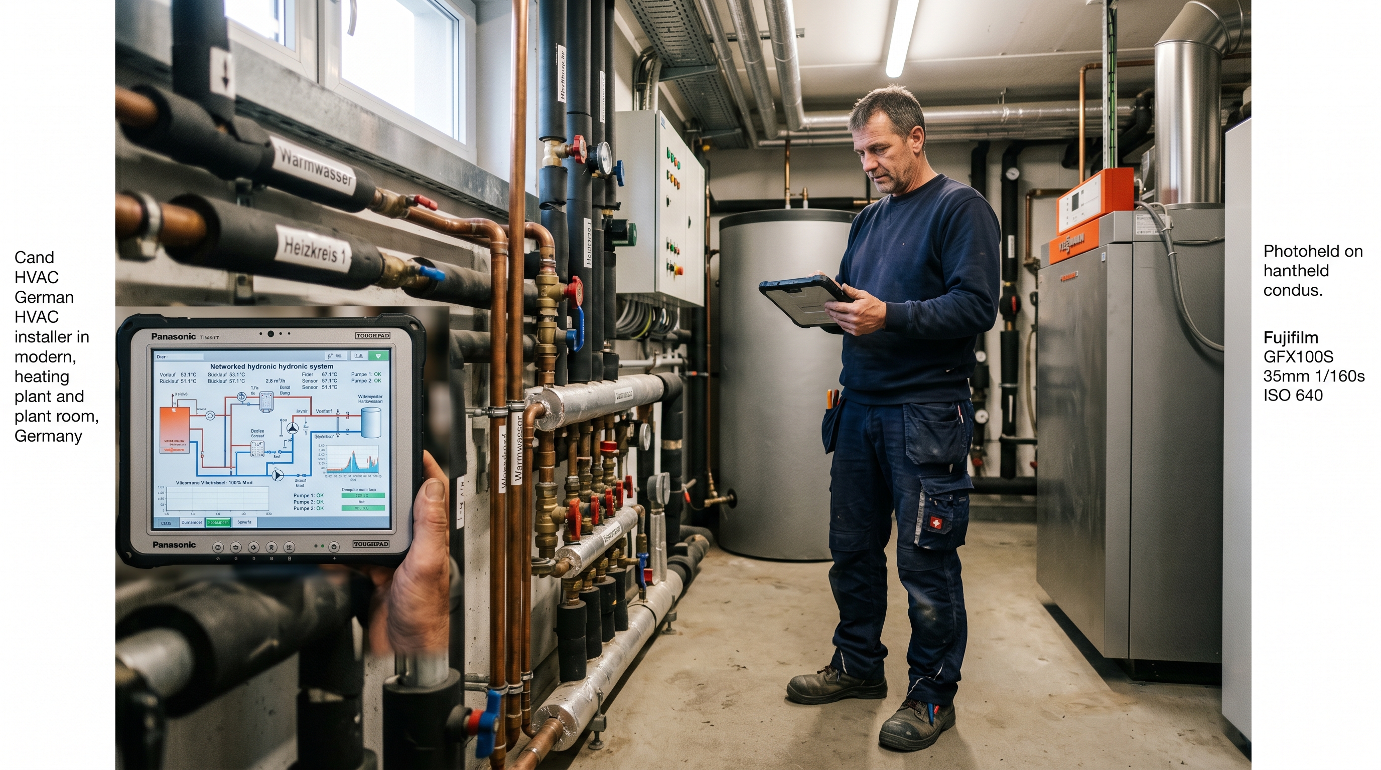 Ein Installateur steht in einem modernen Heizungsraum und blickt auf ein Tablet, das Echtzeitdaten einer vernetzten Gebäudetechnik-Anlage zeigt. Warmes, professionelles Licht, technisches Umfeld mit sichtbaren Rohrleitungen und digitaler Overlay-Grafik.
