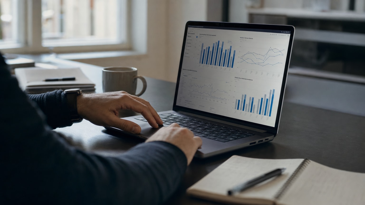 Ein aufgeräumter Schreibtisch mit einem Laptop, auf dem ein übersichtliches Dashboard mit Balken- und Liniendiagrammen zu sehen ist. Daneben eine Tasse Kaffee und ein Notizbuch. Warmes, professionelles Licht, österreichisches Büro-Setting.