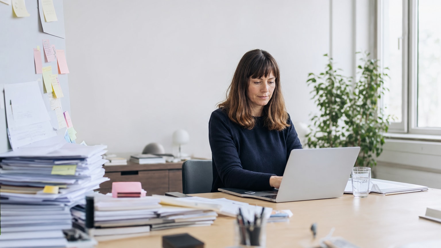 Eine konzeptionelle Darstellung, die den Übergang von chaotischen Post-it-Notizen und Papierstapeln zu einer sauberen, organisierten digitalen Oberfläche auf einem Laptop-Bildschirm zeigt. Der Hintergrund ist modern und hell, passend für ein KMU-Büro in Österreich.