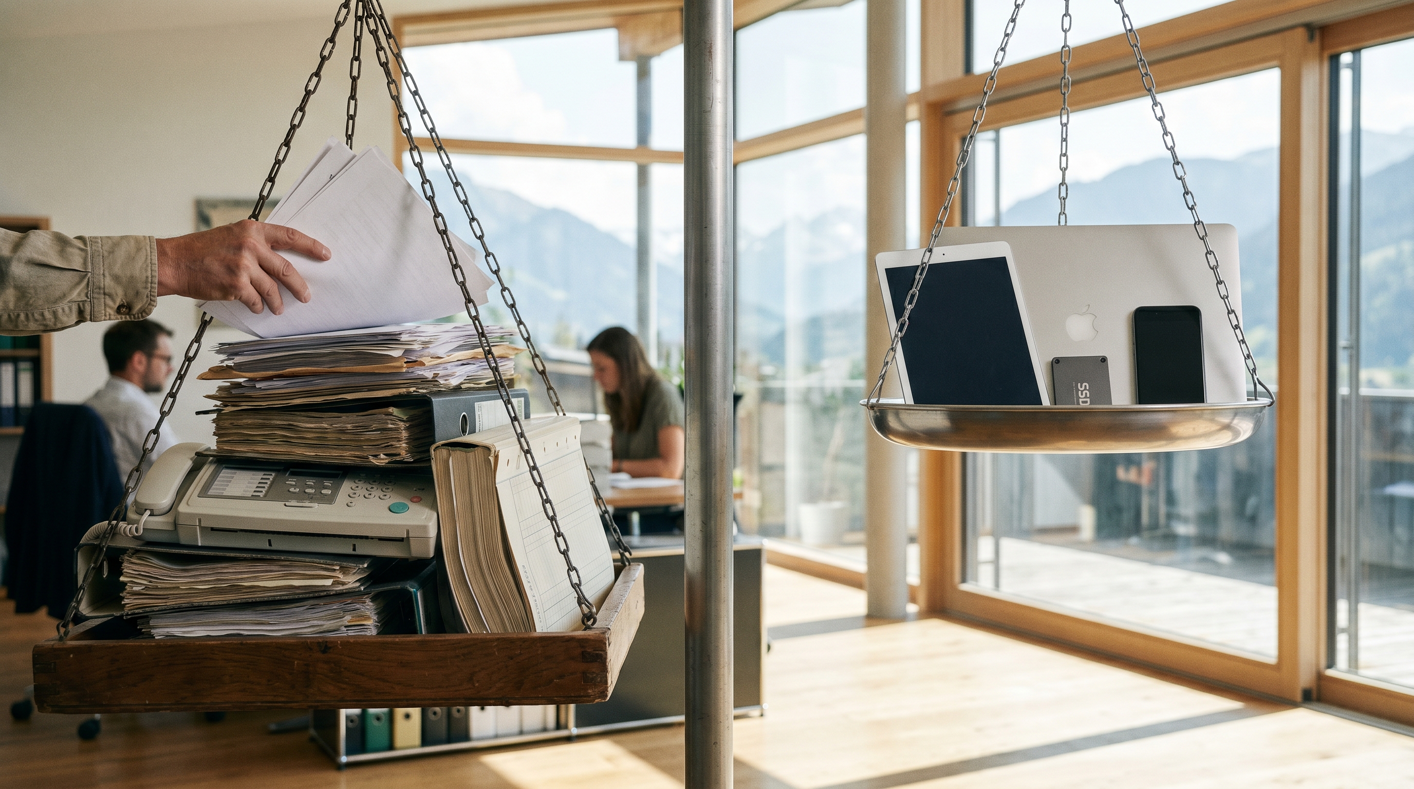 Stilisierte Darstellung einer Waage: auf der einen Seite traditionelle Büroarbeit mit Papierbergen, auf der anderen Seite ein schlanker digitaler Workflow – die digitale Seite überwiegt deutlich. Moderne, helle Farben, professioneller Look.
