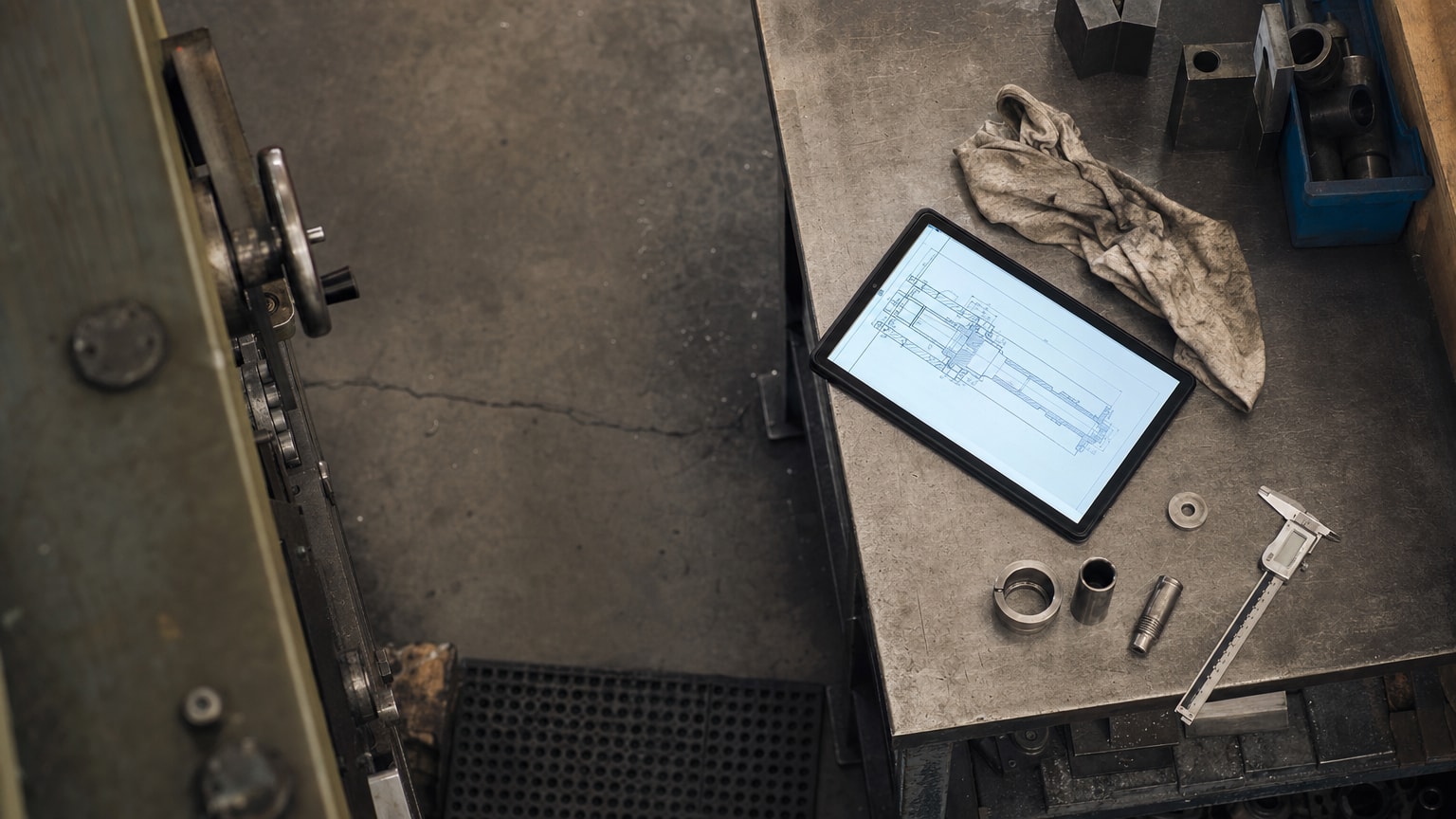 Industrielle Werkstatt mit Maschinen und einem Tablet im Vordergrund, das digitale Prozessdaten zeigt – Verbindung von analoger Handwerksarbeit und digitaler Steuerung, warmes Industrielicht.