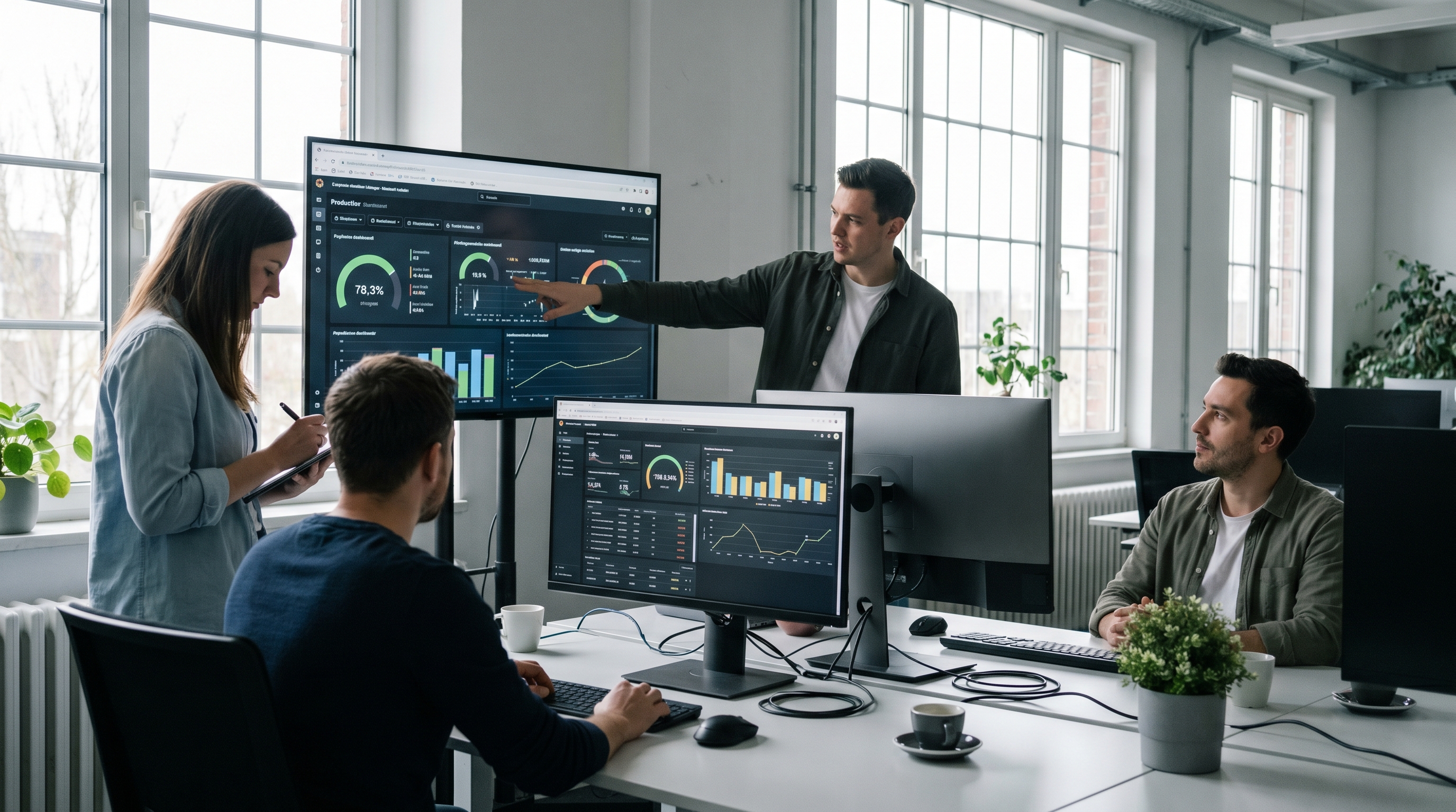 Moderne Büroumgebung eines mittelständischen Betriebs mit digitalen Dashboards, vernetzten Arbeitsplätzen und einem Team, das kollaborativ an Bildschirmen arbeitet – symbolisch für digitale Prozesse im KMU-Alltag 2026.