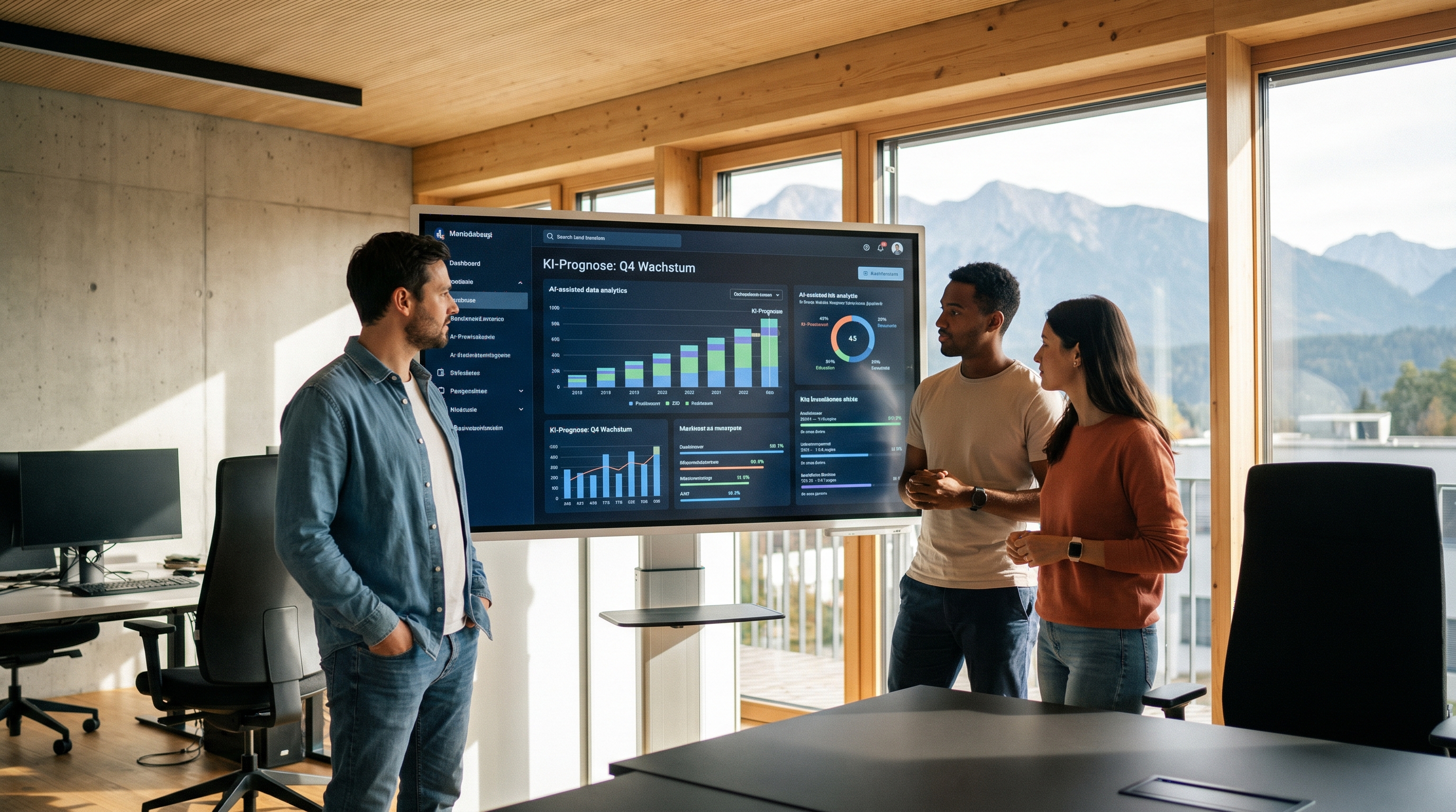 Moderne Büroumgebung in einem mittelständischen Unternehmen, ein Team arbeitet gemeinsam an einem digitalen Dashboard mit KI-gestützten Analysen, warmes Licht, professionelle Atmosphäre, österreichischer Kontext