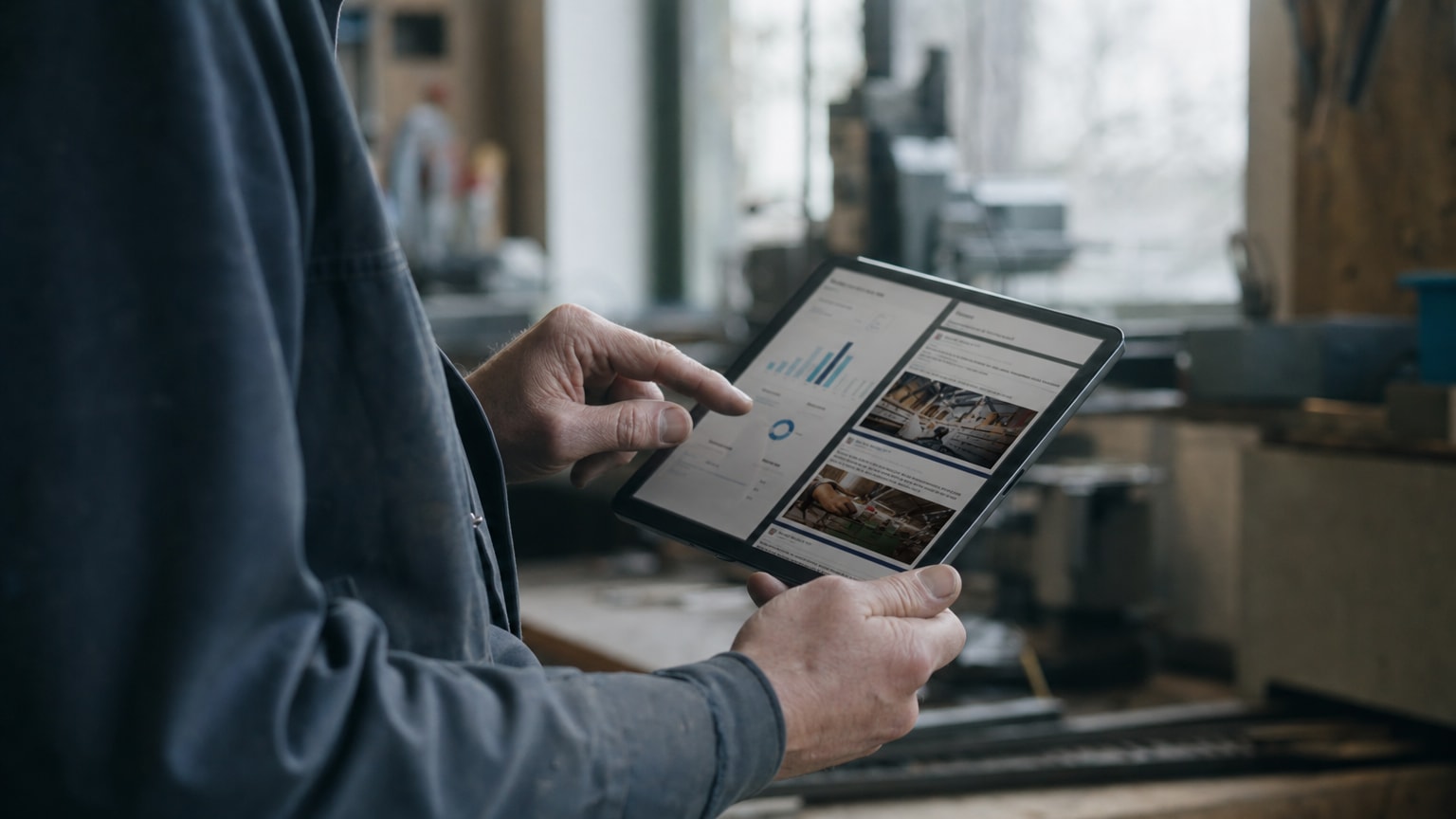 Ein Handwerker in einer modernen Werkstatt blickt auf ein Tablet, auf dem Marketing-Dashboards und KI-generierte Social-Media-Beiträge zu sehen sind – warme, professionelle Atmosphäre mit Werkzeugen im Hintergrund.