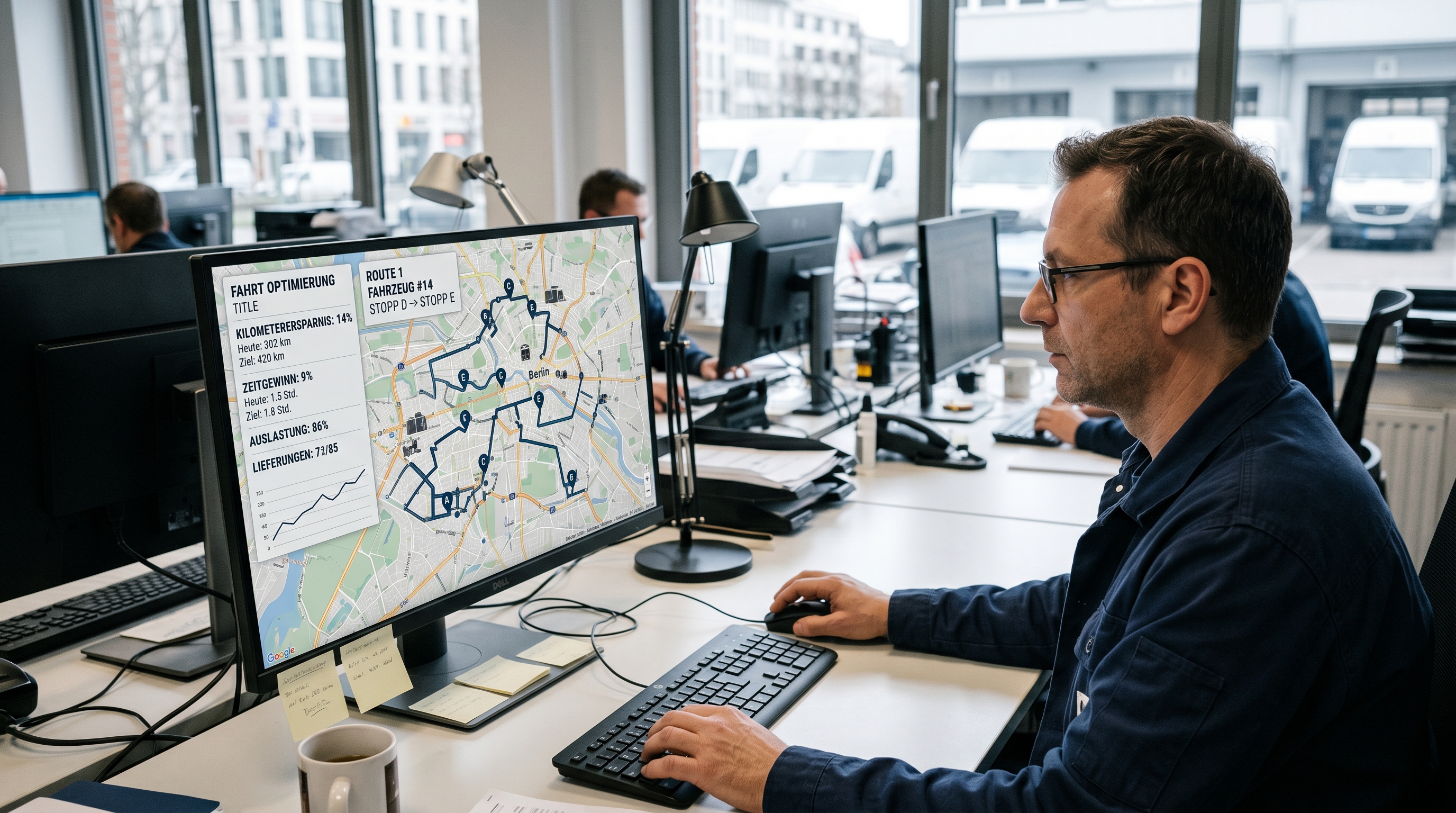 Stilisierte Darstellung einer digitalen Straßenkarte mit optimierten Routen zwischen Gebäuden, überlagert von einem Dashboard mit Kennzahlen zu Kilometerersparnis und Zeitgewinn, in einem modernen, cleanen Designstil.