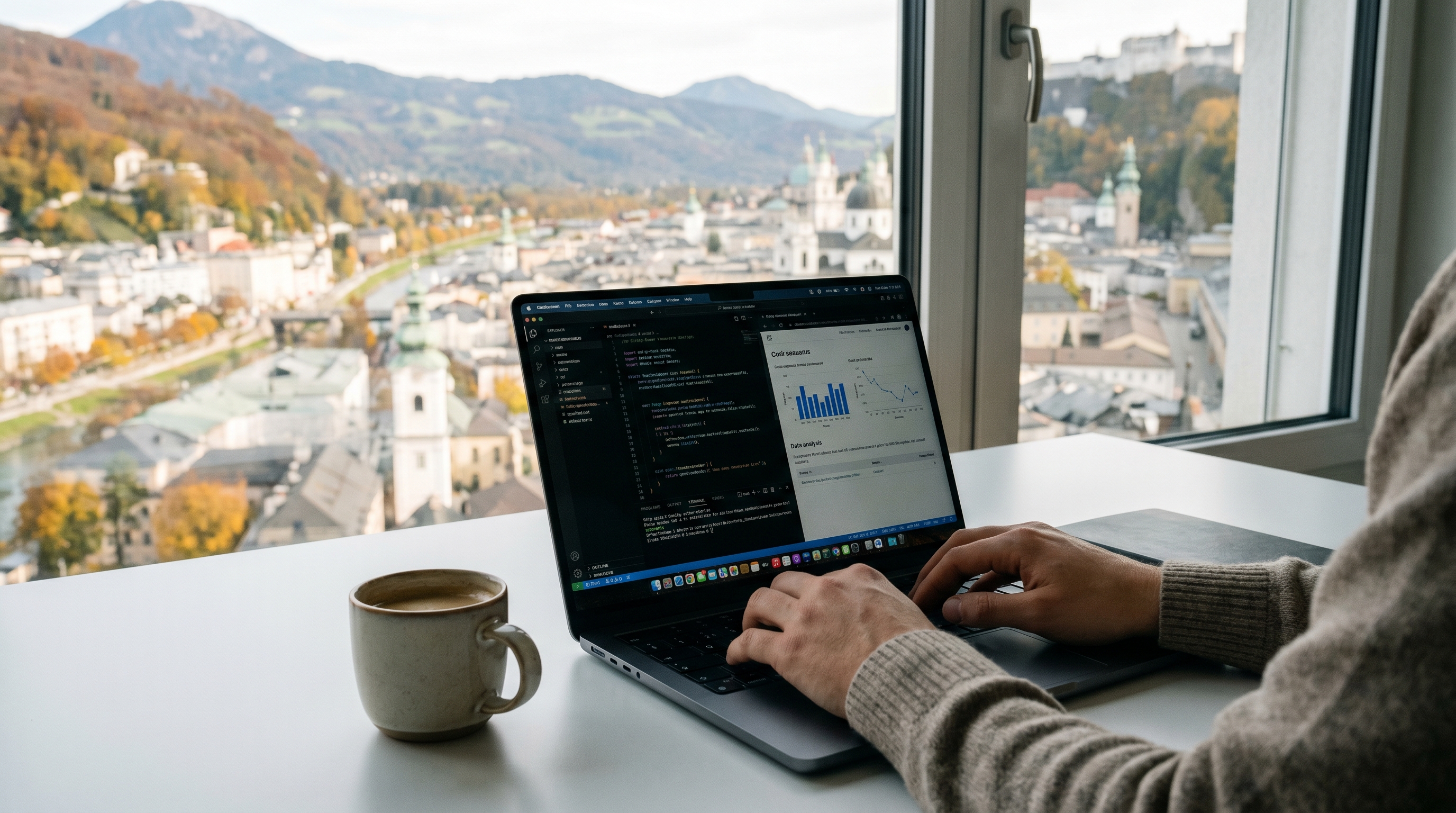 Ein aufgeräumter, heller Schreibtisch eines Einzelunternehmers mit Laptop und einer Tasse Kaffee, im Hintergrund ein Fenster mit Blick auf eine österreichische Stadtlandschaft. Auf dem Bildschirm sind dezent KI-Tools erkennbar. Die Atmosphäre strahlt Ruhe und Fokus aus — das Gegenteil von Hektik.