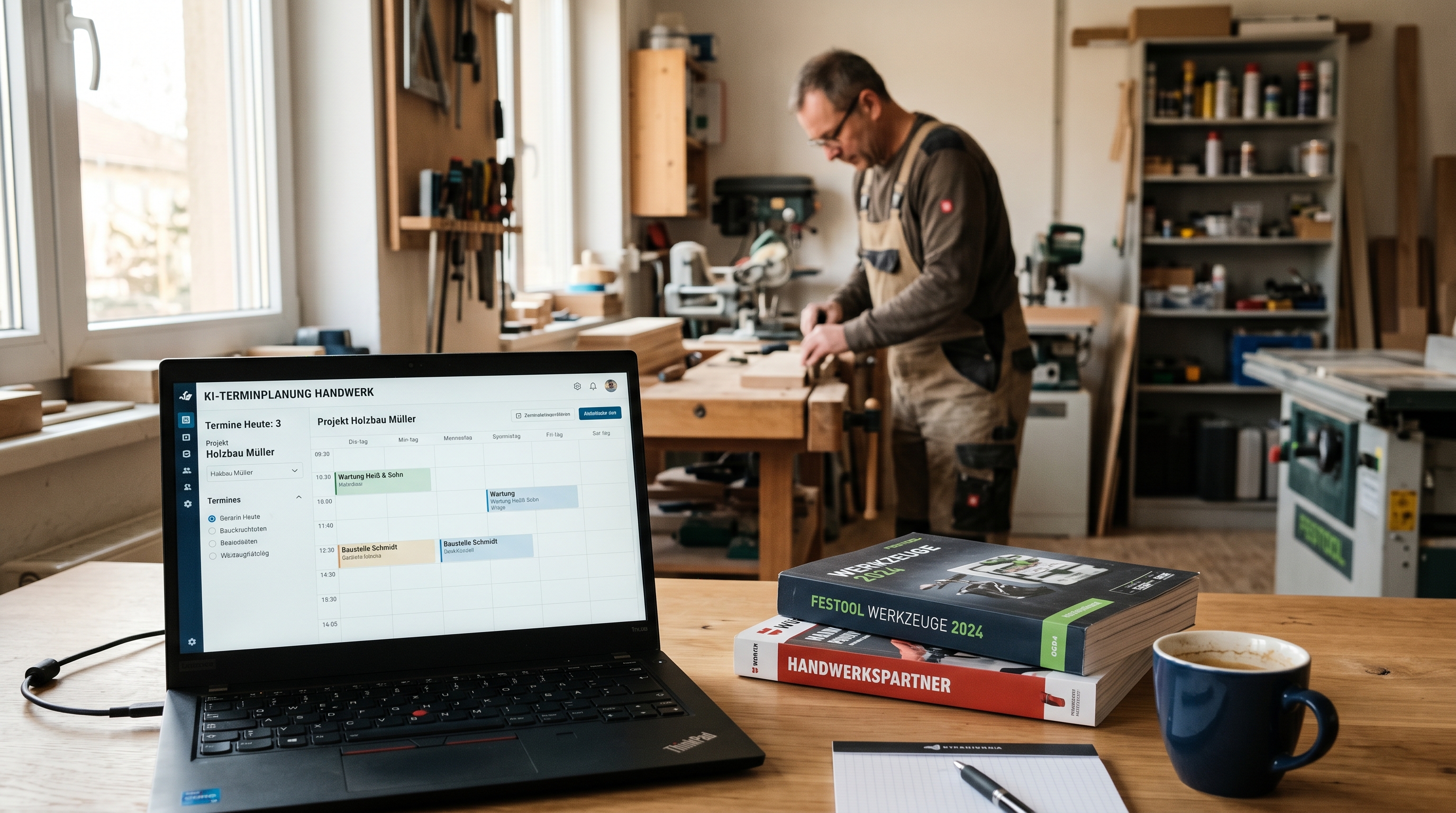 Ein modernes, aufgeräumtes Büro in einem Handwerksbetrieb: Auf dem Schreibtisch steht ein Laptop mit einer übersichtlichen KI-gestützten Terminplanungs-Oberfläche, daneben liegen Werkzeugkataloge und eine Kaffeetasse. Im Hintergrund eine Werkstatt mit warmem Licht. Stimmung: produktiv, ruhig, professionell.