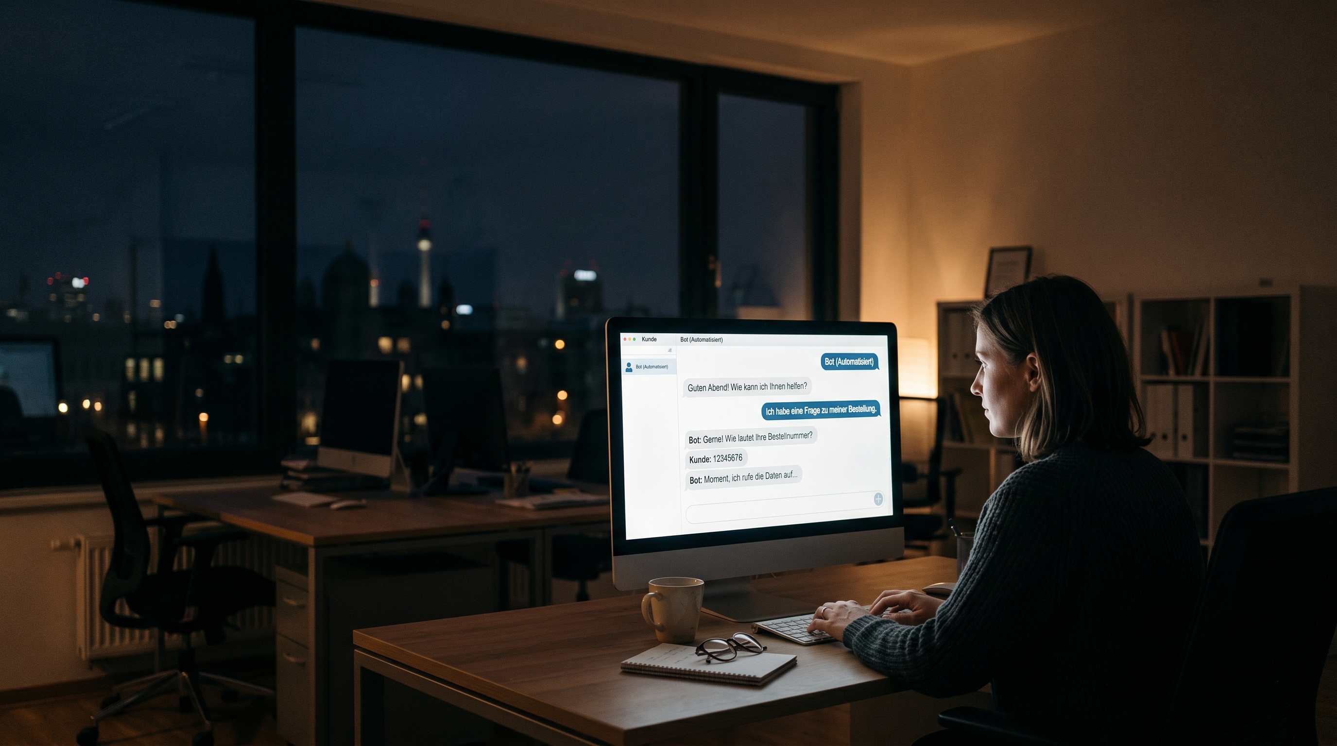 Ein modernes, freundlich beleuchtetes Büro bei Nacht, in dem ein großer Bildschirm einen aktiven Chat-Dialog zeigt, während im Hintergrund durch ein Fenster eine schlafende Stadt mit wenigen Lichtern zu sehen ist – symbolisch für automatisierten Kundenservice außerhalb der Geschäftszeiten.