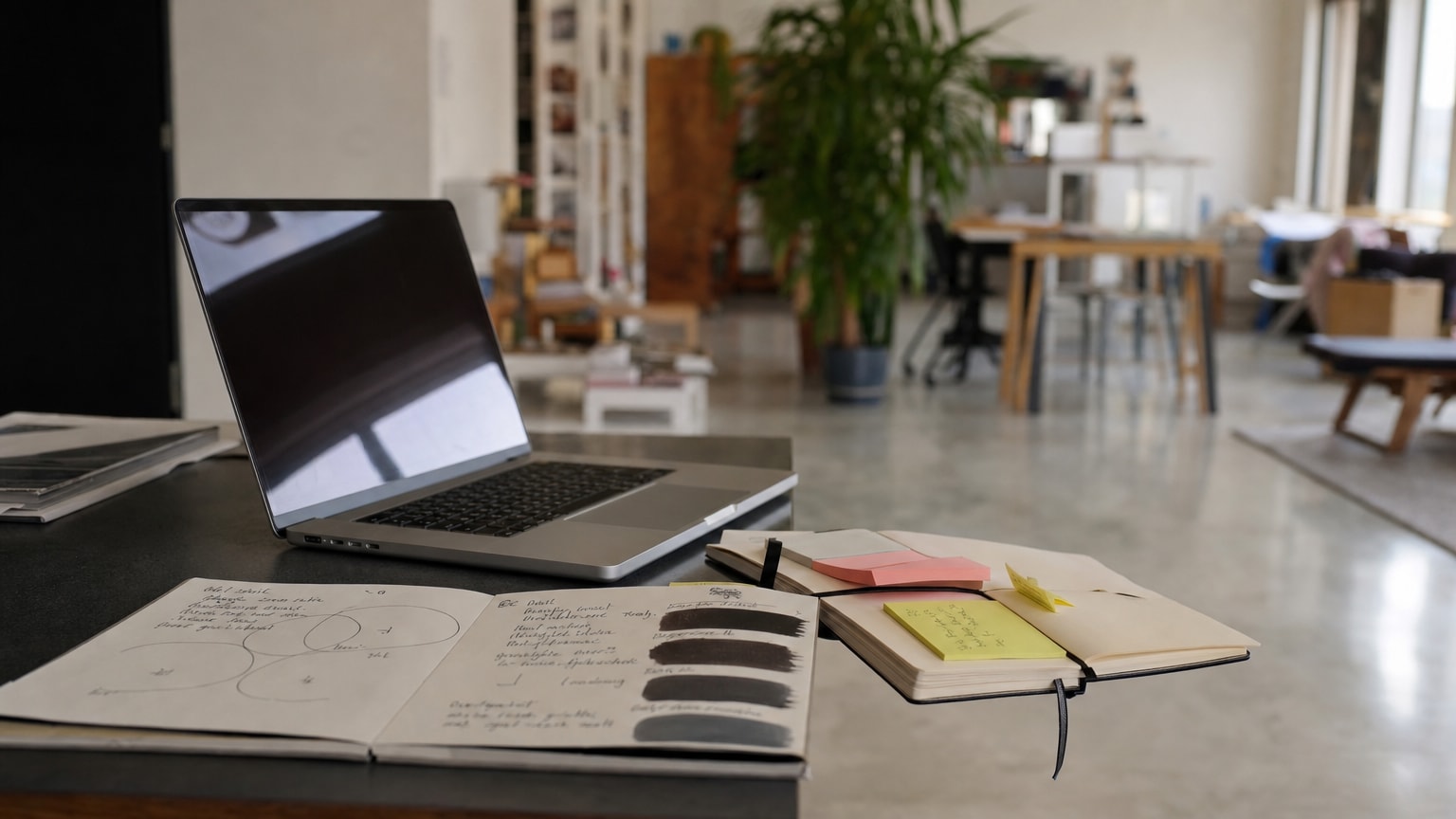 Ein aufgeräumter Schreibtisch mit einem geöffneten Laptop, daneben ein handgeschriebener Marken-Styleguide und ein Notizbuch mit farbigen Post-its – die Verbindung von Technologie und menschlicher Kreativität in warmen, professionellen Farbtönen.