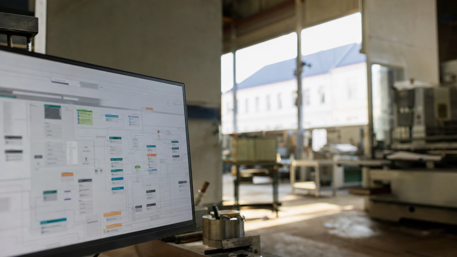 Industrielle Arbeitswelt trifft auf digitale Schnittstellen: Ein Bildschirm zeigt vernetzte Geschäftsprozesse (ERP, CRM, Auftragsabwicklung), im Hintergrund ein mittelständischer Betrieb mit Werkstatt oder Büroumgebung – professionell, sachlich, keine Marketing-Klischees.