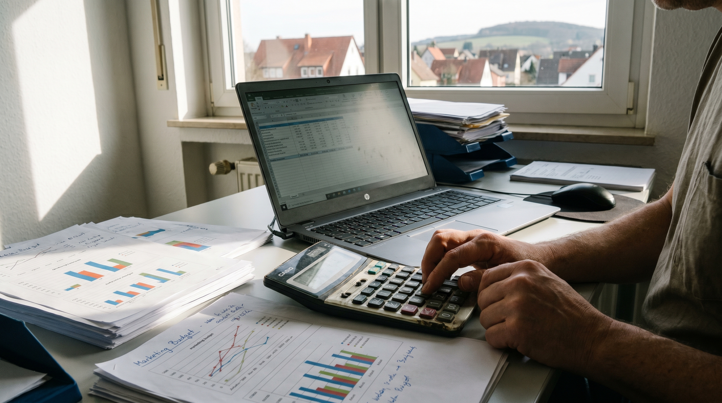 Ein aufgeräumter Schreibtisch mit Taschenrechner, Laptop und Diagrammen — symbolisch für betriebswirtschaftliche Kalkulation im Marketing-Kontext eines KMU.