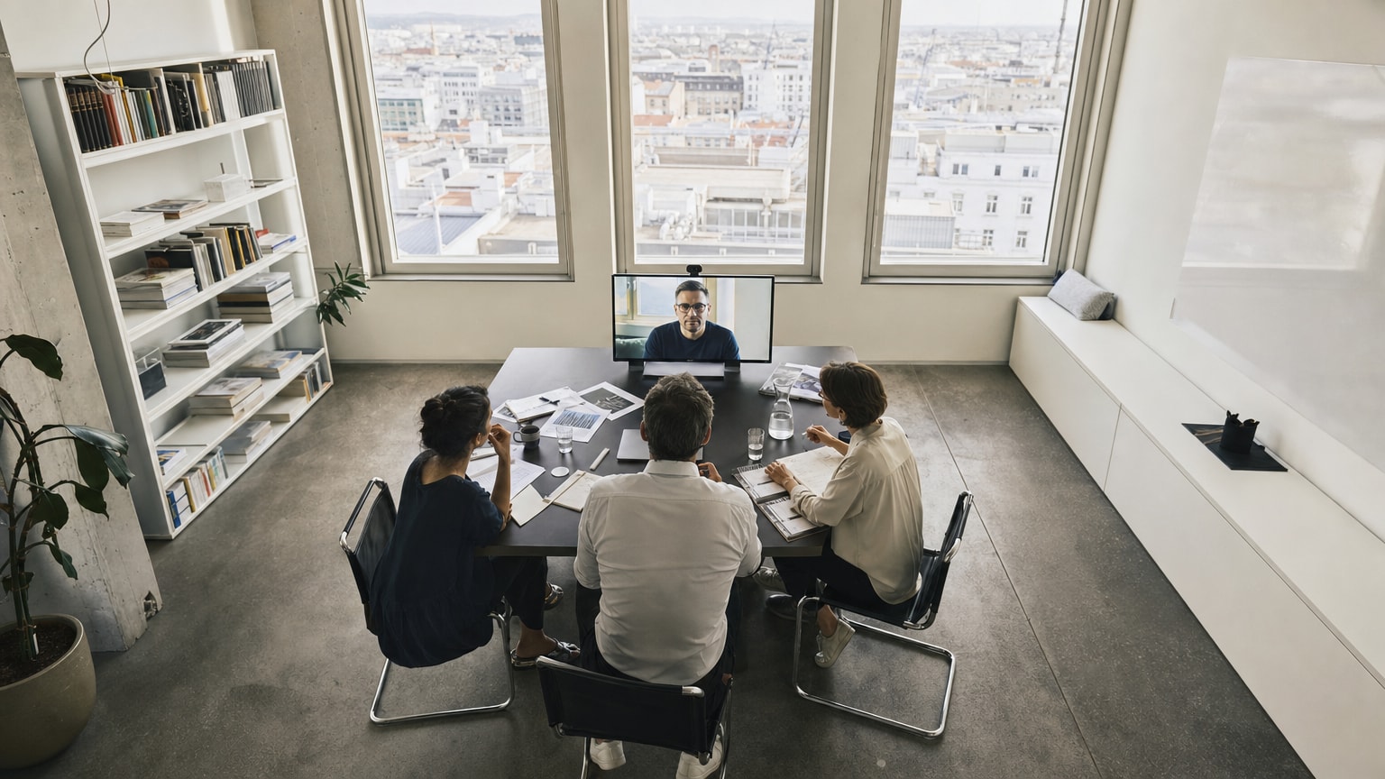 Modernes Wiener Büro mit Blick auf die Stadtsilhouette, zwei Wege symbolisch dargestellt: ein kleines agiles Team am Tisch und ein externer Partner per Videokonferenz zugeschaltet — sachlich, hell, professionell.