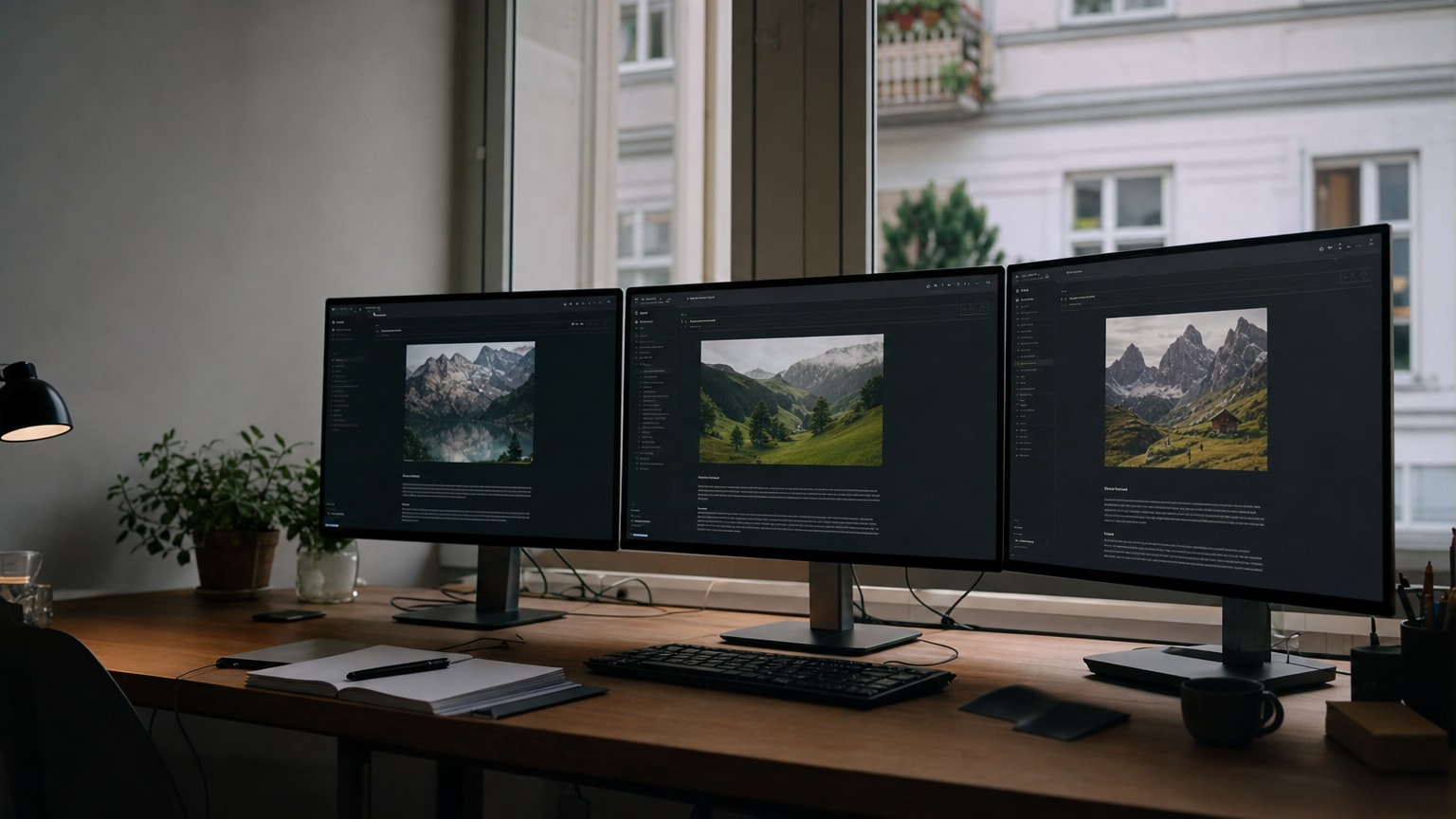 Drei nebeneinander stehende Bildschirme in einem modernen Büro, jeder zeigt eine andere KI-Oberfläche mit unterschiedlichen Antworten auf denselben Prompt. Warme, professionelle Atmosphäre, keine Personen.