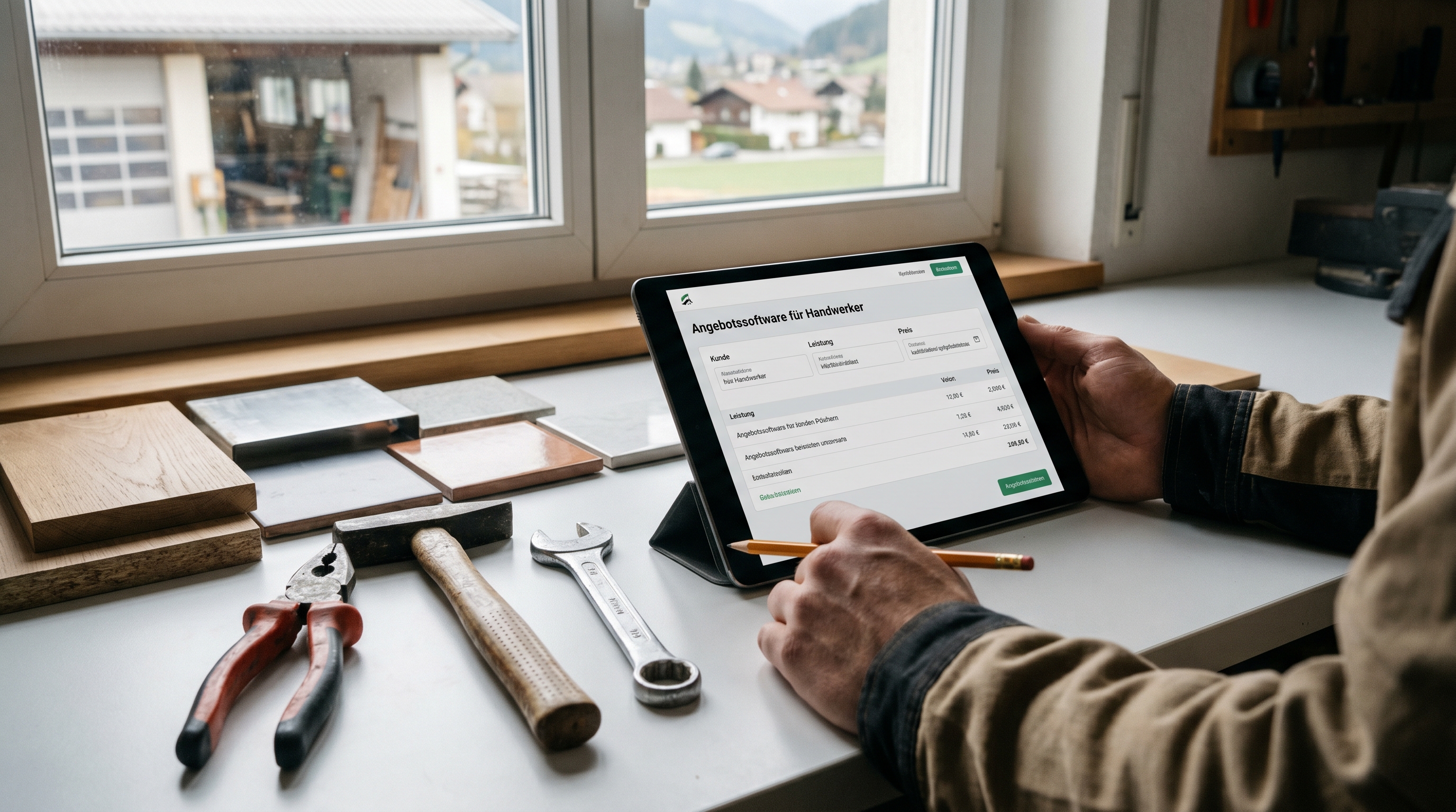Ein aufgeräumter Werkstatt-Schreibtisch mit einem Tablet, auf dem eine moderne Angebotssoftware-Oberfläche zu sehen ist, daneben Werkzeug und Materialproben — symbolisiert die Verbindung von Handwerk und Digitalisierung.