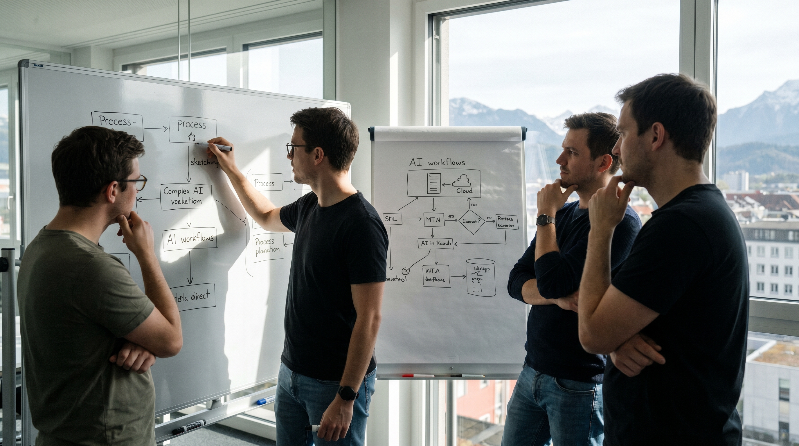 Ein modernes, helles Büro mit einem kleinen Team an einem Whiteboard, das Prozessdiagramme und KI-Workflows skizziert – sachlich, kollaborativ, ohne futuristische Klischees.