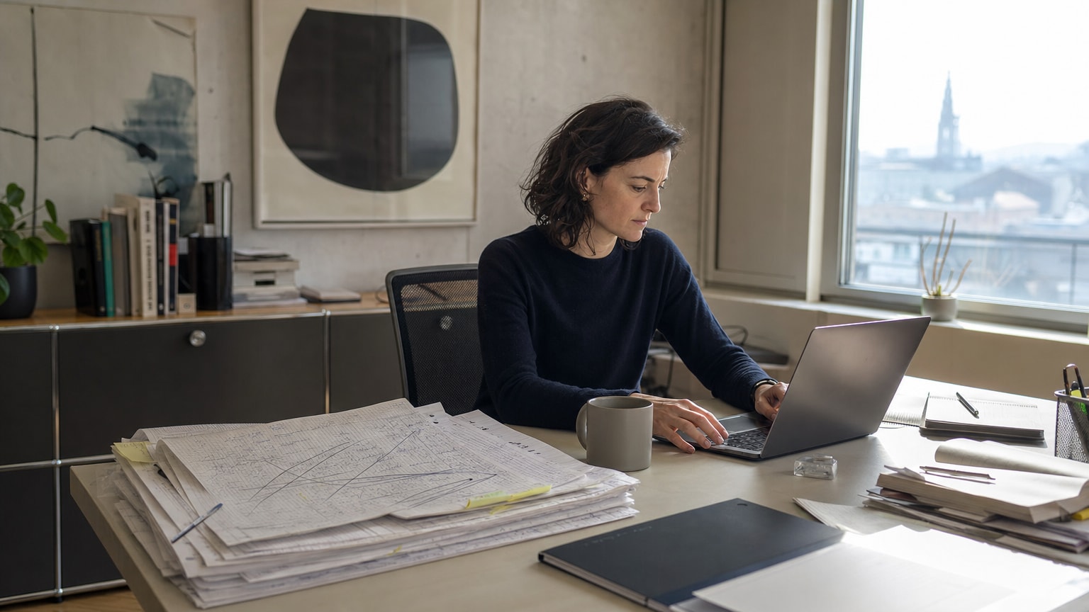 Ein aufgeräumter Schreibtisch mit einem Laptop, auf dem ein digital erstelltes Angebot zu sehen ist. Daneben ein Stapel handgeschriebener, durchgestrichener Kalkulationsblätter. Warmes, professionelles Licht, österreichische Büroumgebung.