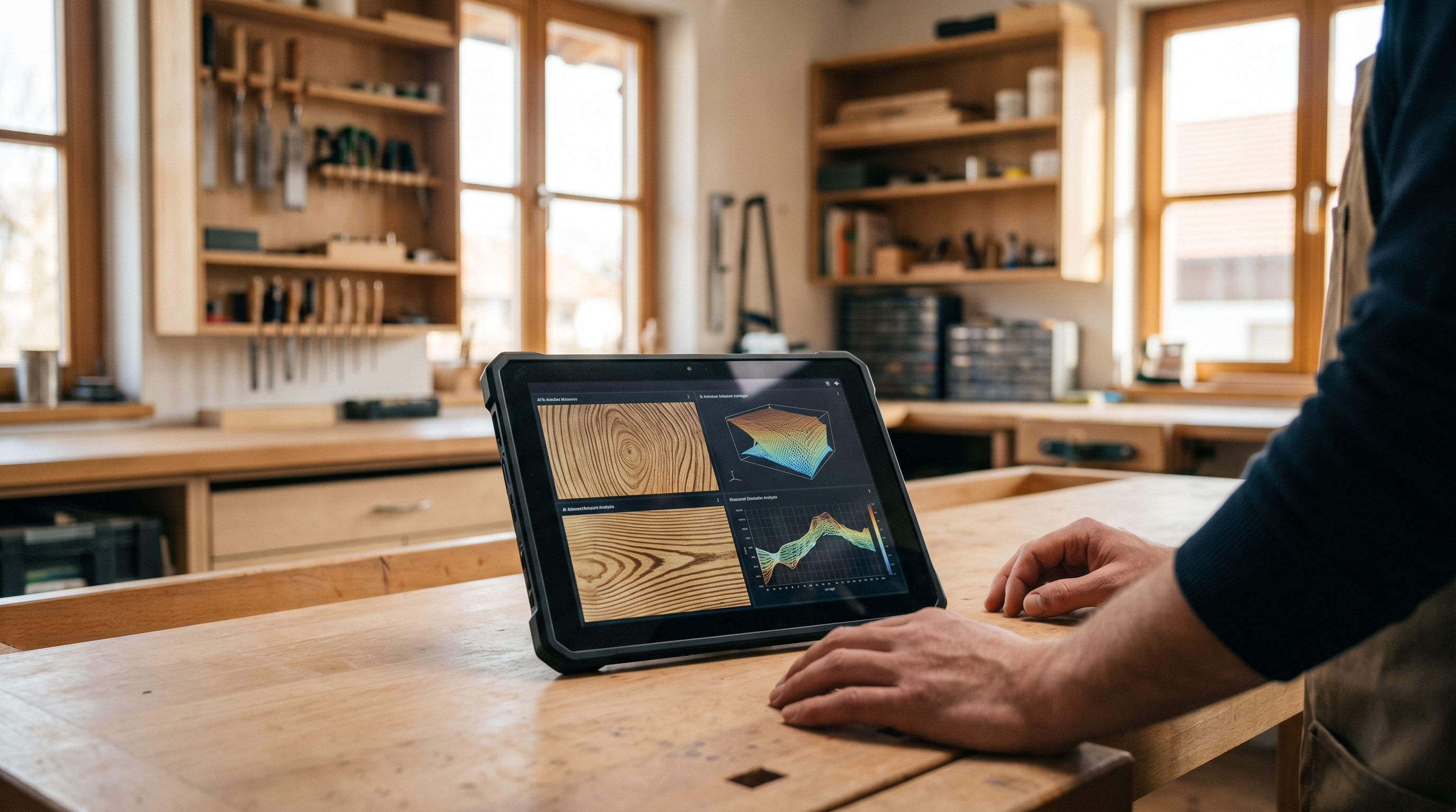 Eine moderne, aufgeräumte Handwerkswerkstatt mit digitalem Tablet an der Werkbank, auf dem KI-gestützte Datenvisualisierungen zu sehen sind. Im Hintergrund Werkzeuge und Materialregale, warmes Licht, professionelle Atmosphäre.
