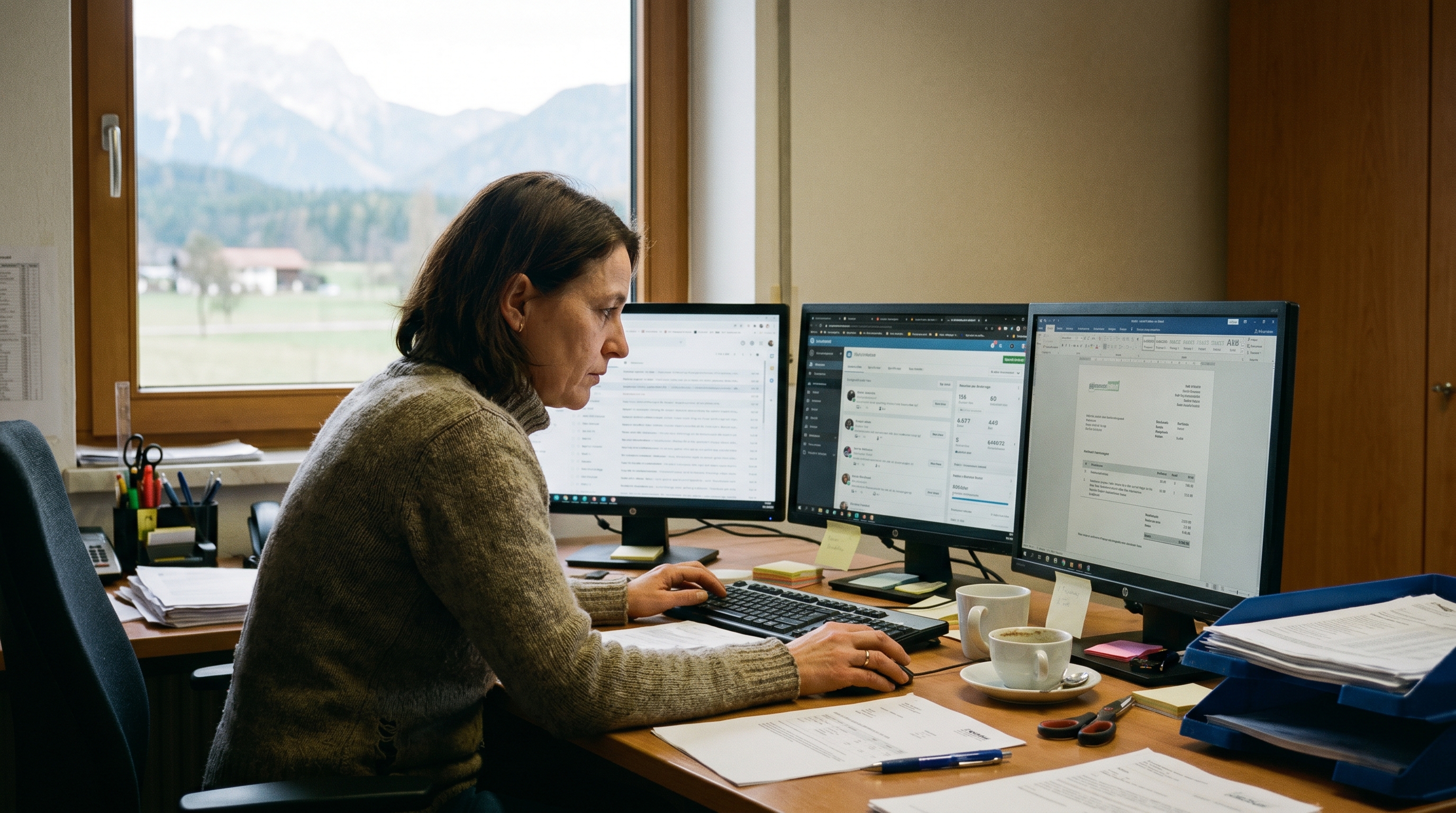 Ein kleines Büro eines österreichischen KMU, in dem eine Geschäftsführerin gleichzeitig an mehreren Bildschirmen arbeitet — E-Mails, Social Media, Angebotserstellung. Symbolbild für die Überlastung durch fehlendes Marketing-Team. Warme, natürliche Beleuchtung, moderner aber realistischer Arbeitsplatz.