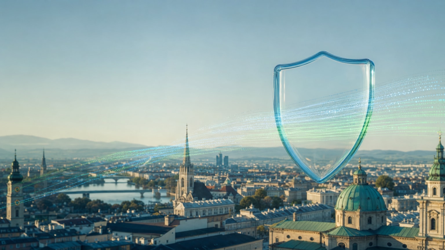 Abstraktes Bild eines digitalen Schutzschildes über einer stilisierten österreichischen Stadtlandschaft, mit Datenströmen, die sicher durch das Schild fließen – in Blau- und Grüntönen gehalten, modern und vertrauenserweckend.