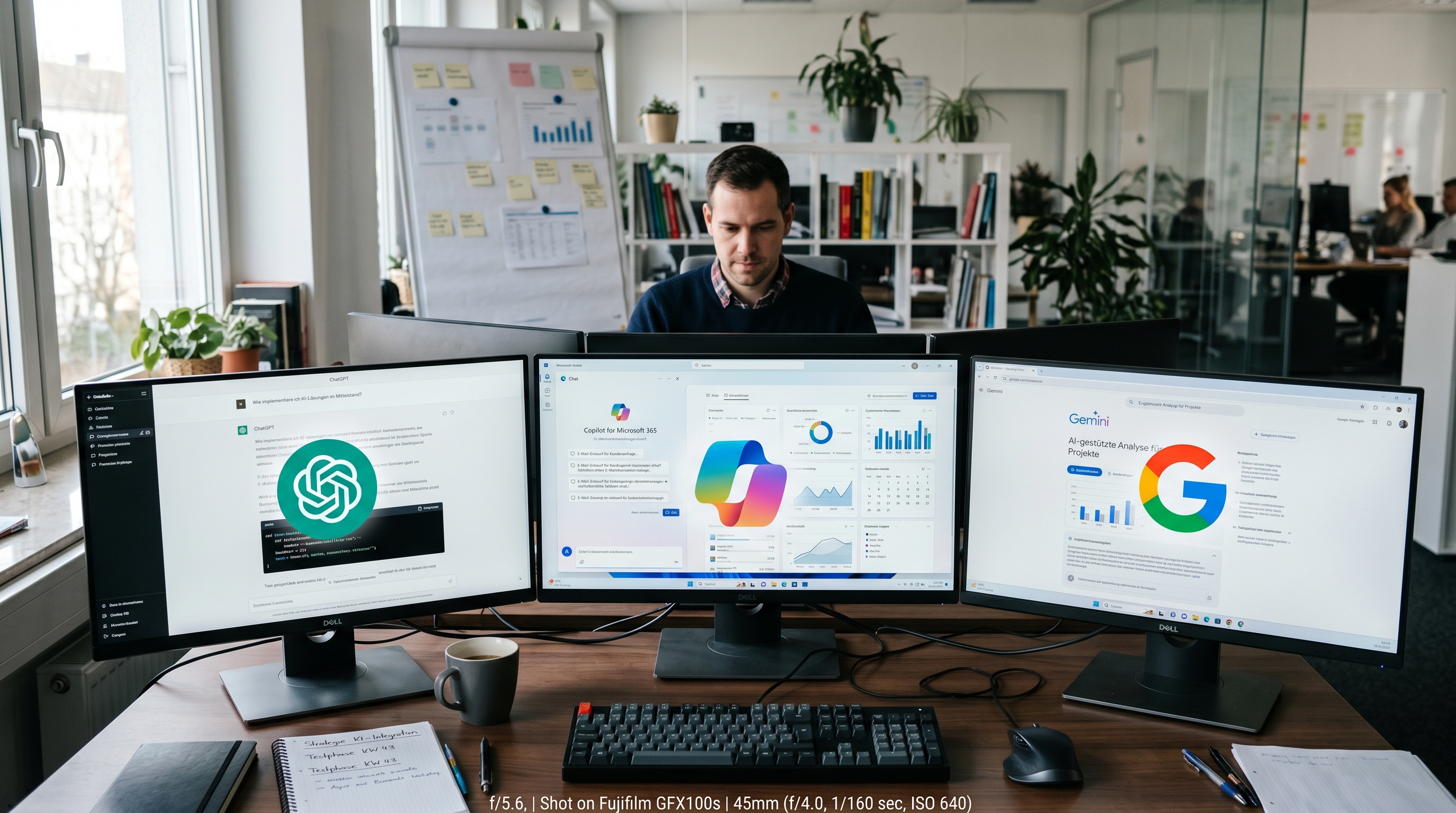 Drei nebeneinander stehende Bildschirme in einem modernen Büro, auf denen symbolisch die Logos von ChatGPT, Microsoft Copilot und Google Gemini dargestellt sind. Helle, sachliche Atmosphäre mit dezenten Datenvisualisierungen im Hintergrund.