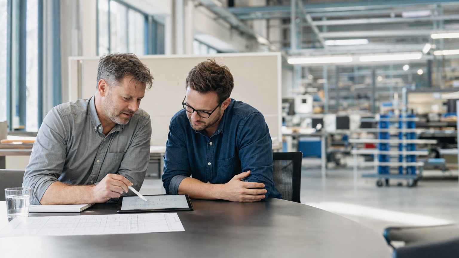 Zwei Personen, ein Unternehmer und ein Berater, sitzen an einem Tisch und skizzieren gemeinsam auf einem Tablet einen Prozess-Flow. Im Hintergrund ist eine moderne Werkstatt oder ein Büro eines KMU erkennbar. Die Atmosphäre ist kollaborativ und konzentriert.