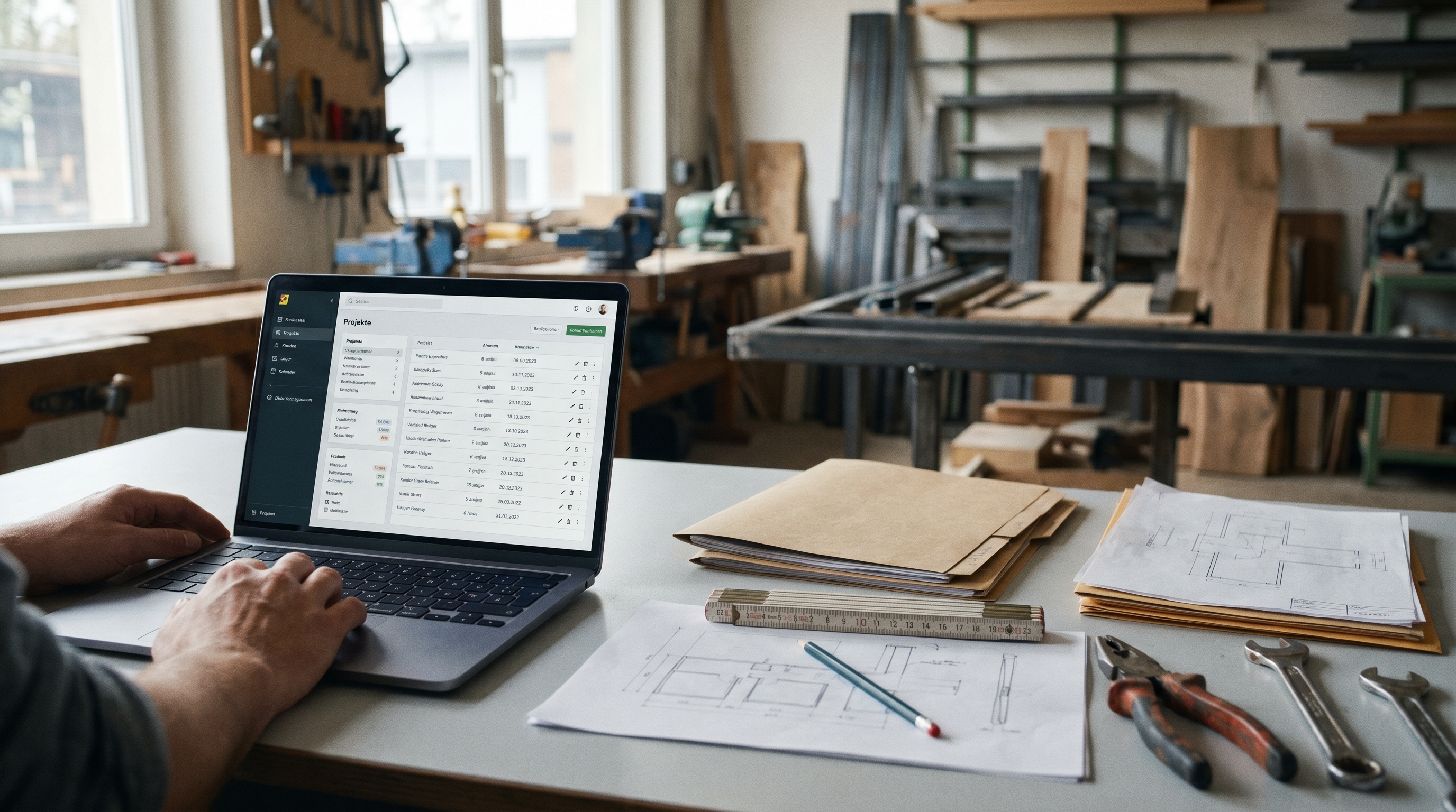 Ein aufgeräumter Schreibtisch in einem Handwerksbetrieb mit Laptop, auf dem eine moderne Software-Oberfläche zu sehen ist – daneben Werkzeug und Auftragsmappen, die das Zusammenspiel von Büroarbeit und Handwerk symbolisieren.
