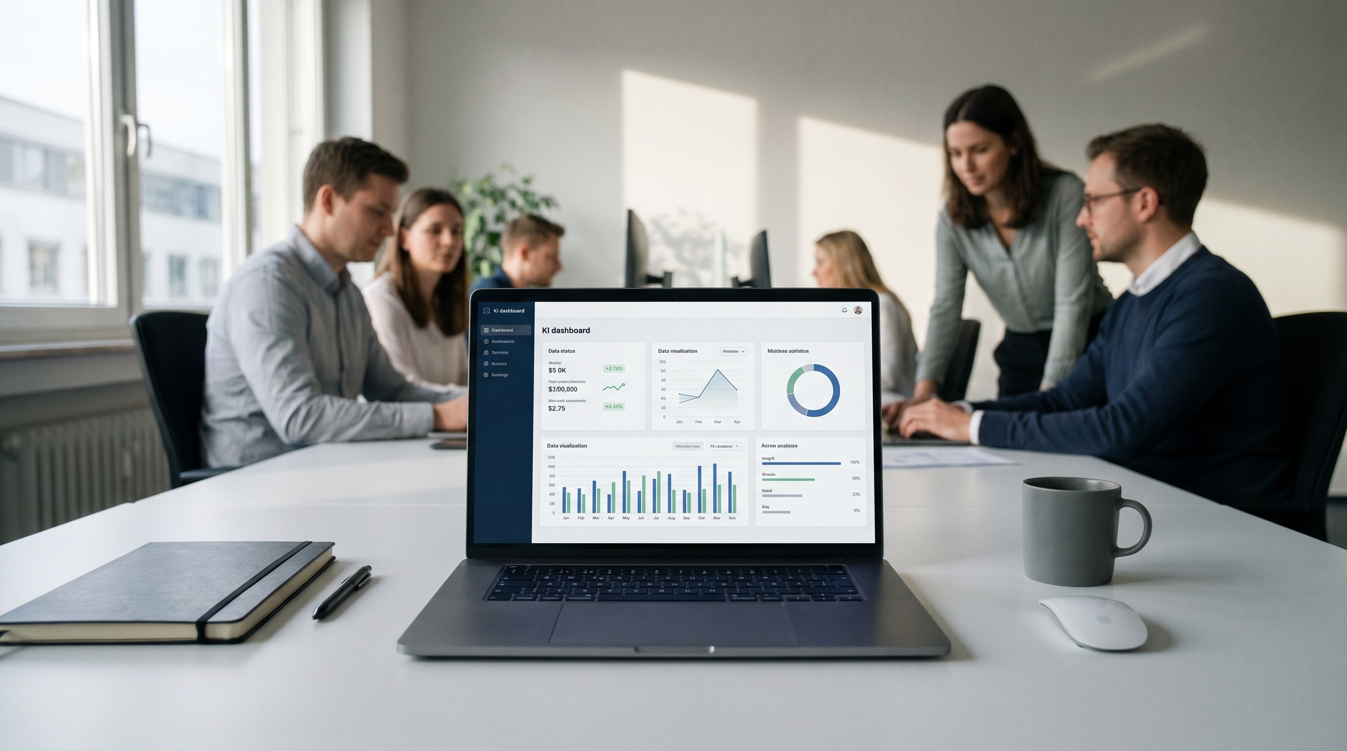 Ein aufgeräumter Schreibtisch in einem mittelständischen Büro, auf dem ein Laptop mit einem modernen KI-Dashboard steht. Im Hintergrund arbeiten Menschen konzentriert zusammen. Die Szene strahlt Klarheit, Zugänglichkeit und Modernität aus – keine Sci-Fi-Ästhetik.