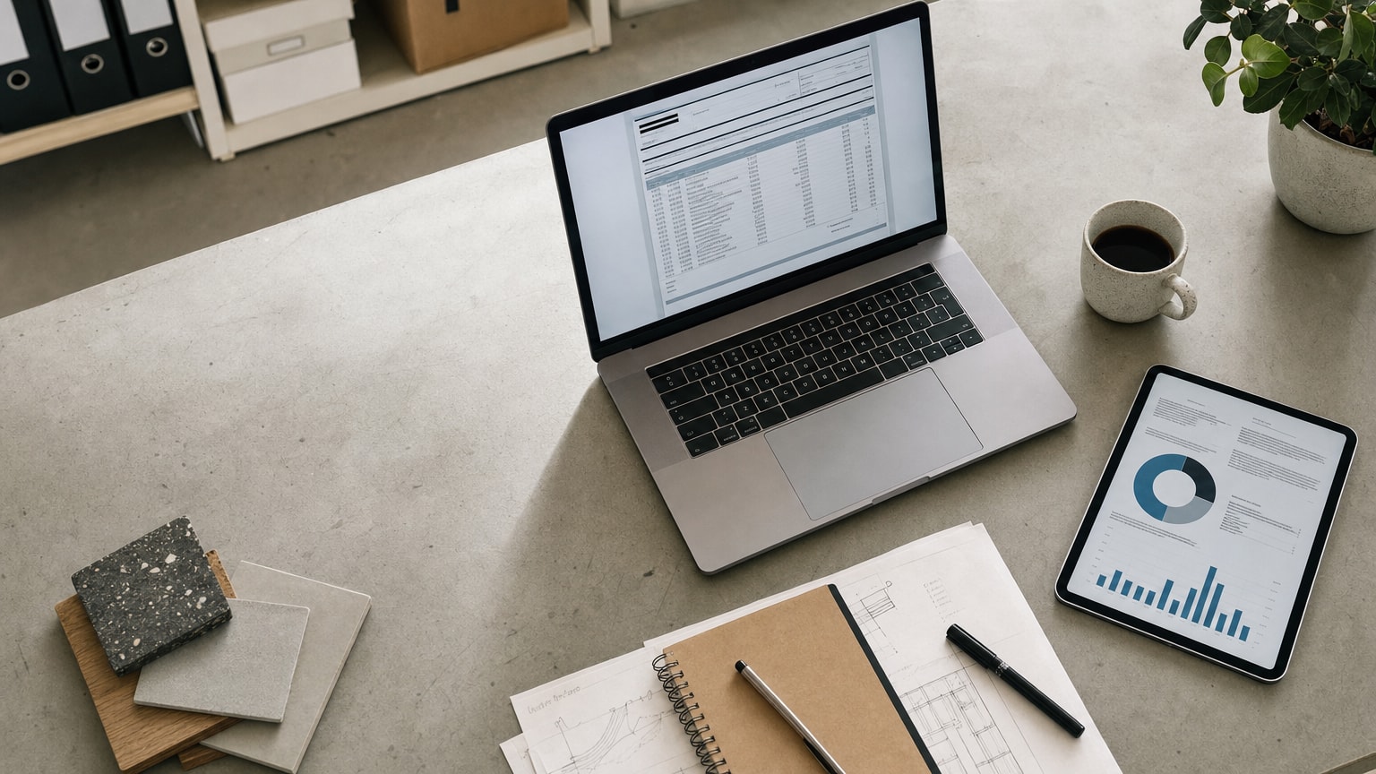 Ein aufgeräumter Schreibtisch mit einem Laptop, auf dem ein strukturiertes, professionelles Angebot angezeigt wird. Daneben ein Tablet mit Diagrammen zur Zeitersparnis. Helle, moderne Büroumgebung eines Handwerksbetriebs.