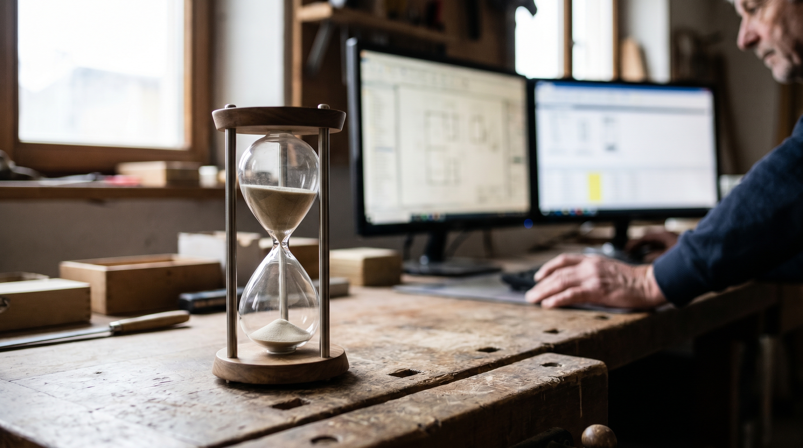 Eine stilisierte Sanduhr auf einem Schreibtisch in einem Handwerksbetrieb, im Hintergrund verschwommen digitale Bildschirme — symbolisiert die verrinnende Zeit für Betriebe, die bei der Digitalisierung zögern.