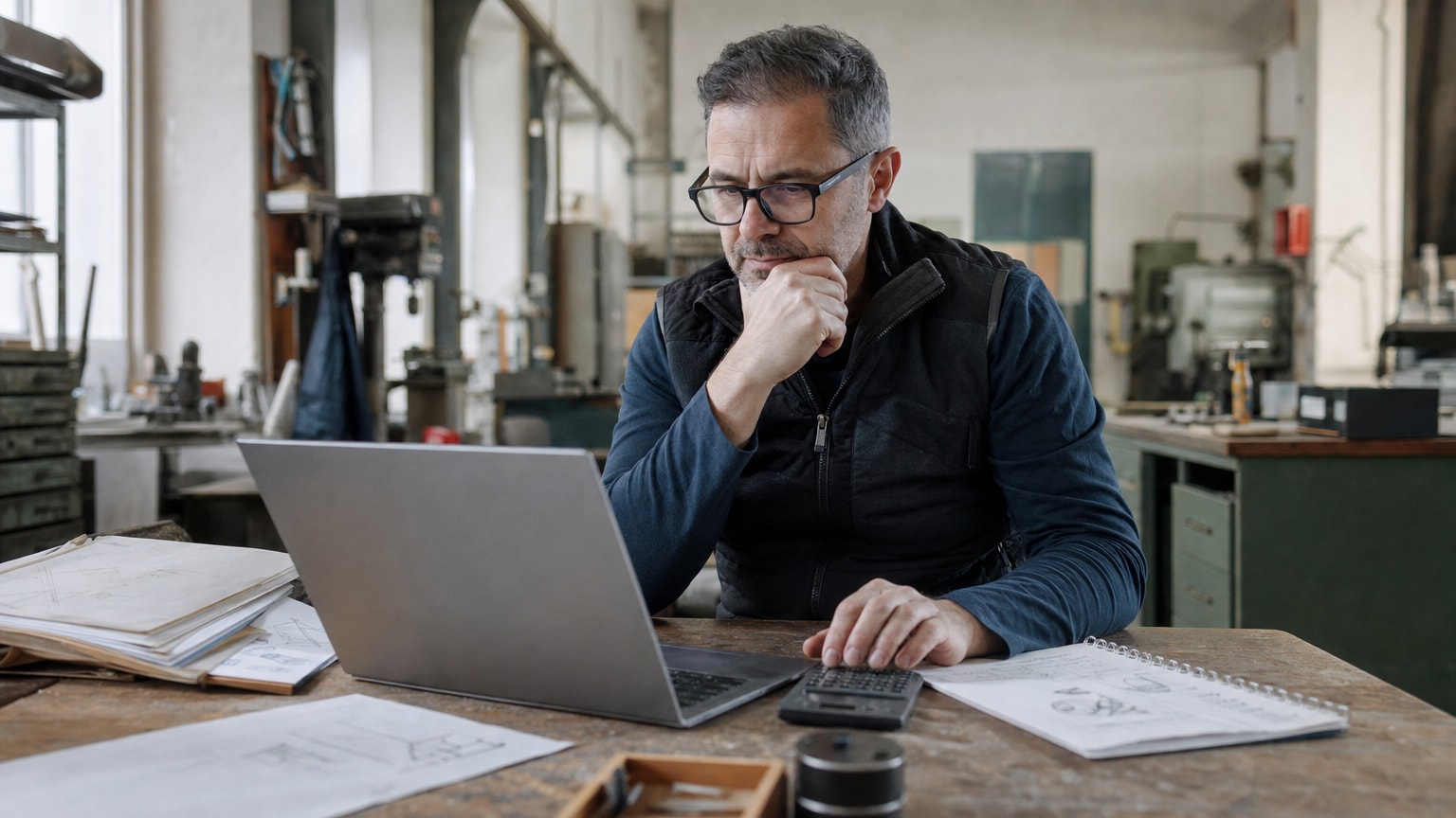 Ein Handwerksmeister sitzt an einem Schreibtisch mit Laptop und Taschenrechner, im Hintergrund eine Werkstatt. Auf dem Bildschirm sind Diagramme zu sehen. Realistische, ruhige Bildstimmung, warmes Licht, österreichischer Betrieb.