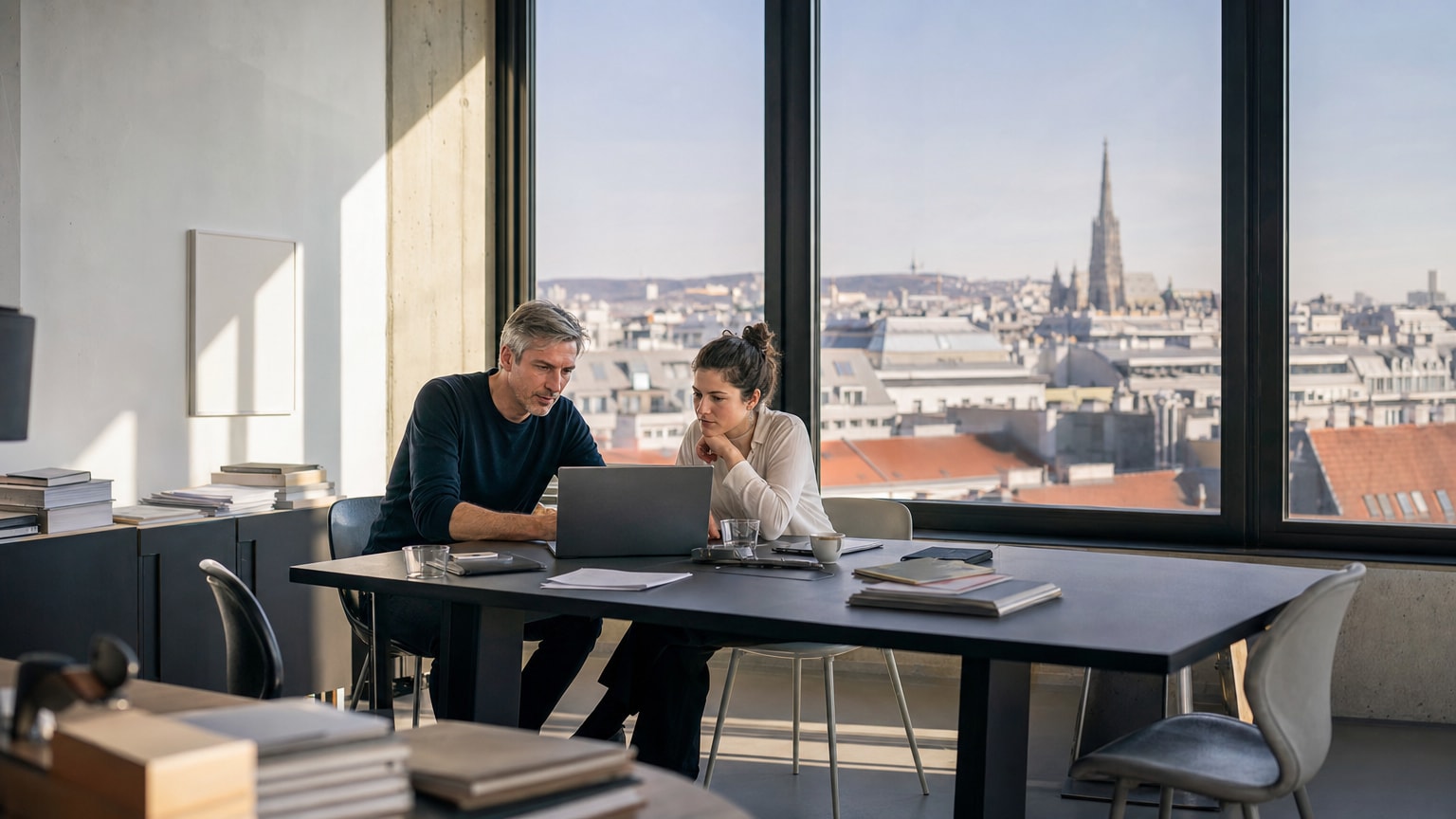 Ein modernes Büro mit einem Tisch, an dem ein KMU-Geschäftsführer und eine Agentur-Beraterin gemeinsam auf einen Laptop schauen – im Hintergrund eine österreichische Stadtsilhouette, warmes Licht, sachlich-professionelle Atmosphäre.